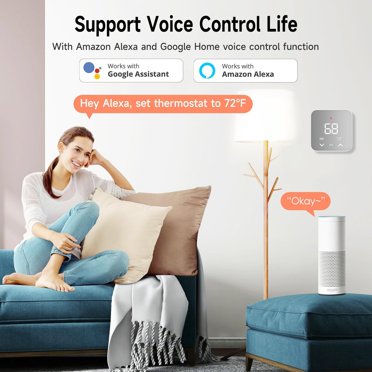 Smart Thermostats for Home, WiFi Thermostats Compatible with Alexa and Google Assistant,7day x 8period Programmable Control Tuya/Smart Life, Energy Saving, C-Wire Require