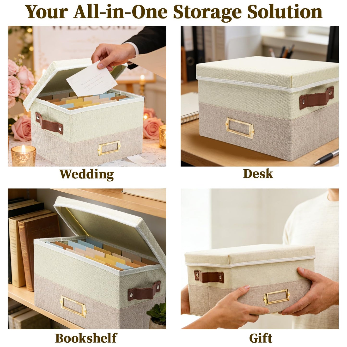 Remowith Greeting Card Organizer, Linen Storage Box with 20 Removable Dividers, 84 Labels & 1 Marker, Perfect for Greeting Cards, Photos, Envelopes, Stickers, Postcards, Beige&Khaki