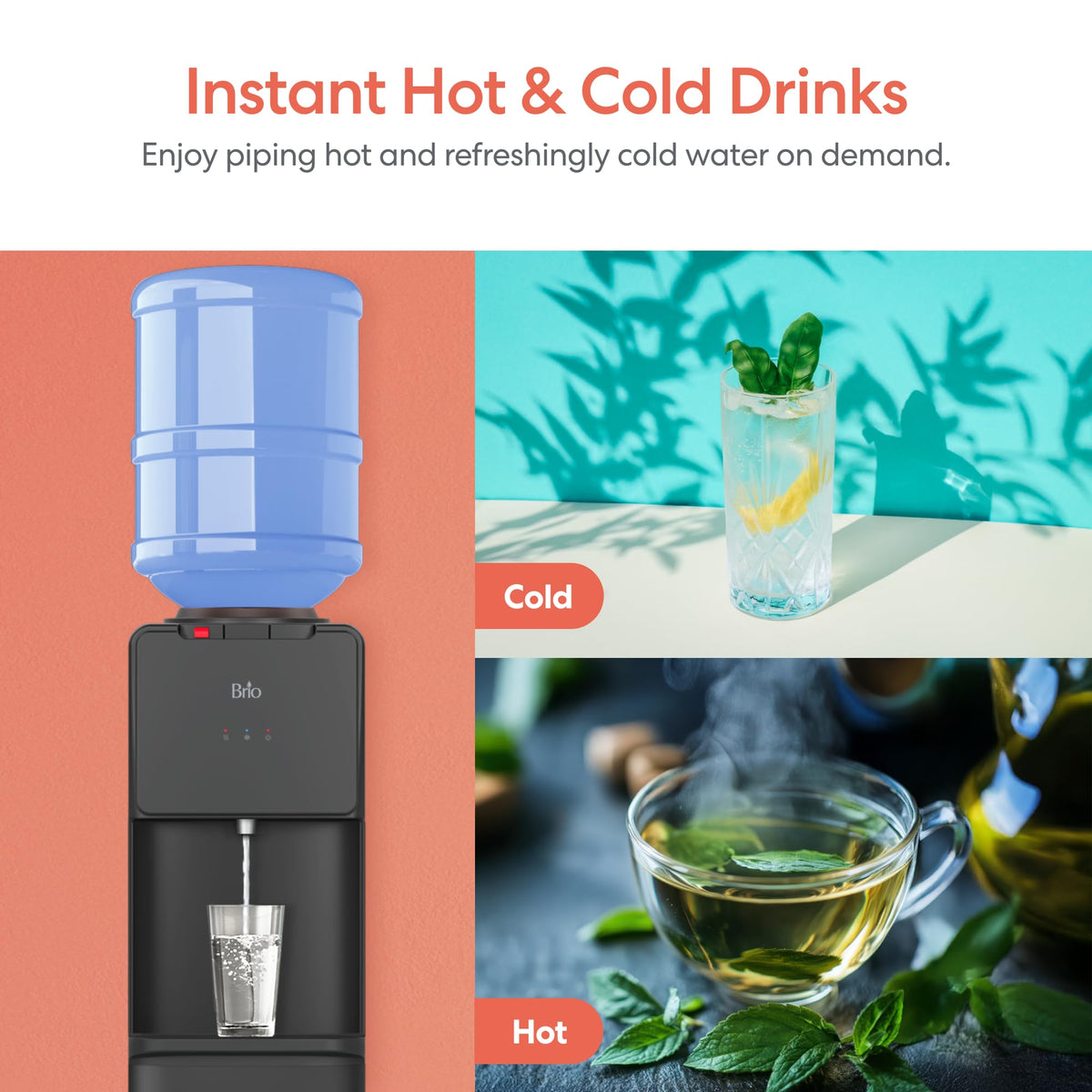 Brio 130 Series Top-Load Water Cooler Dispenser for 3- and 5-Gallon Bottles, Hot & Cold, Spill-Free Loading, Child Safety Lock, Energy Star 3.0, Black