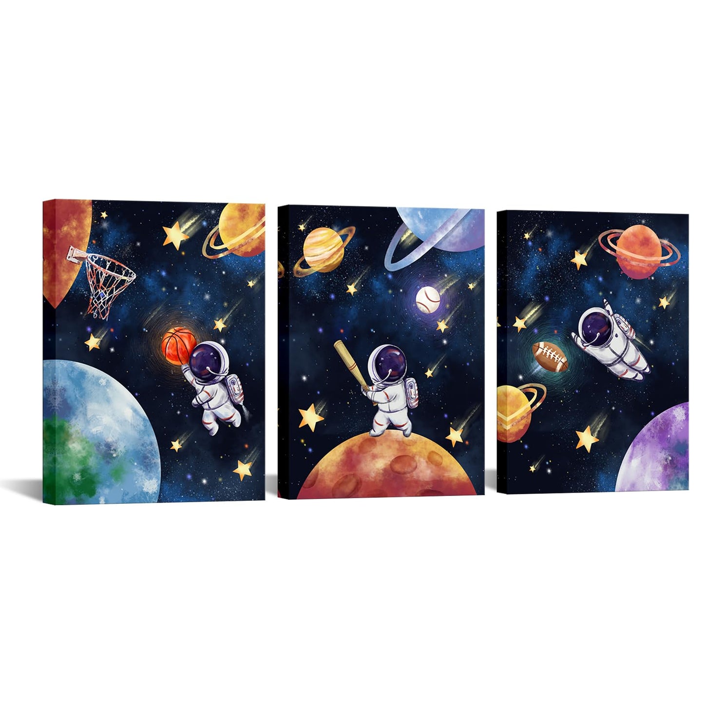 Biuteawal 3 Panels Space Wall Art Cute Astronaut Play Basketball Football Baseball Sports Picture Universe Theme Canvas Painting Funny Art Boys Girls Kids Bedroom Nursery Room Decor