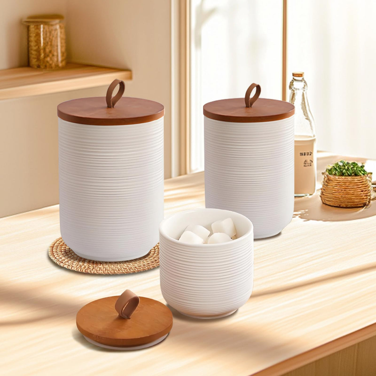 Food Storage Jar Strong Ceramic Storage Canisters with Airtight Wooden Lid,Kitchen Storage Containers for Serving Coffee Beans, Tea, Sugar, Salt, Spices (White three-piece suit)