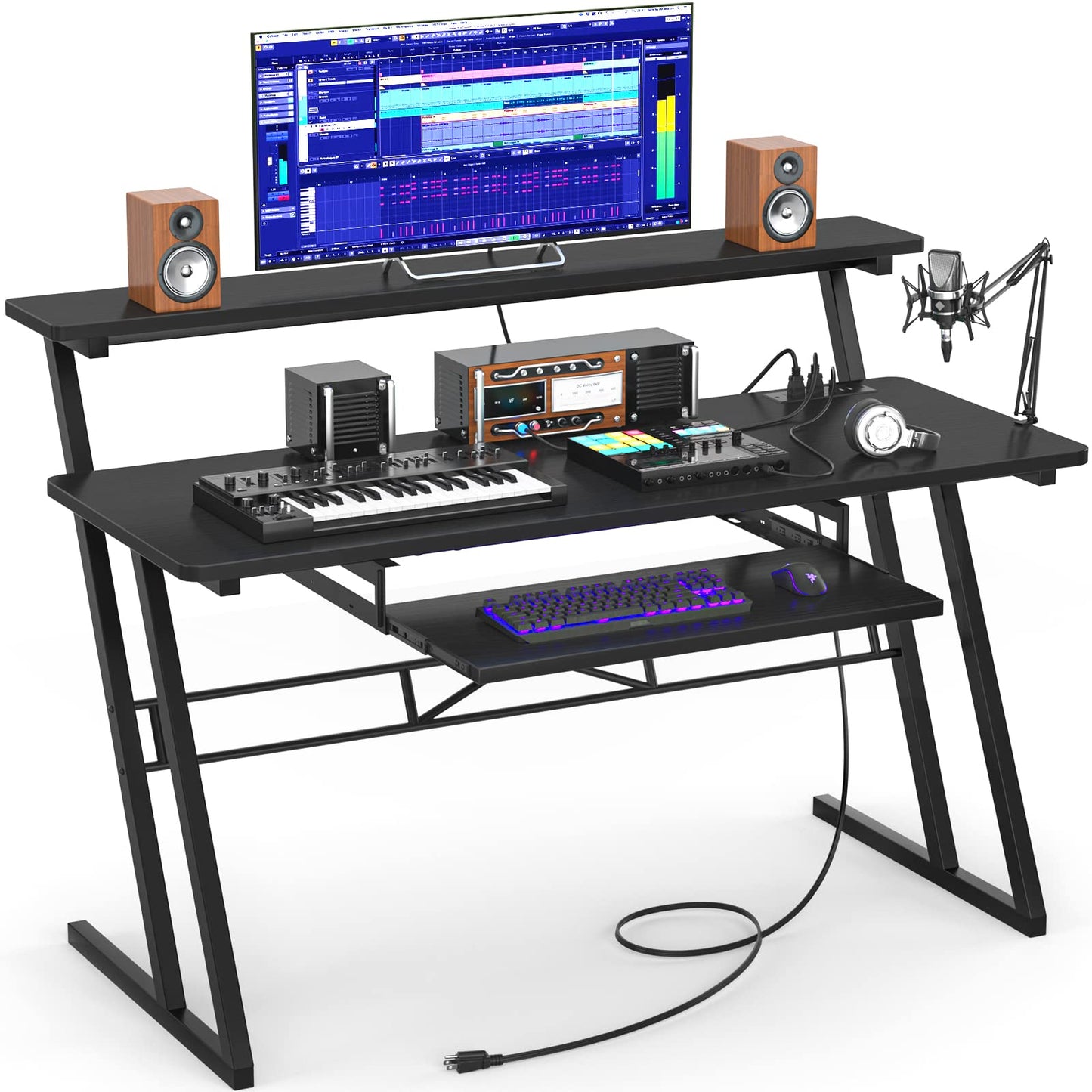 Armocity Music Studio Desk, Music Production Workstation with Power Outlets, Recording Studio Table Desks Music Producer for Home, Black
