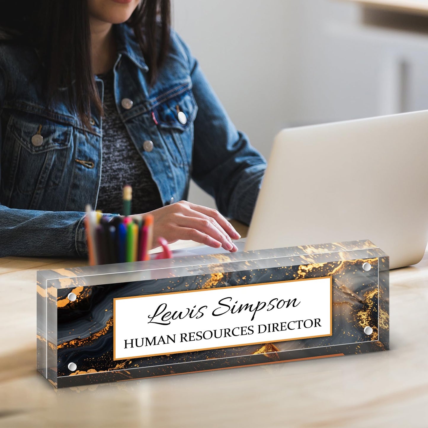 HETOOSHI Desk Name Plate Personalized, Desk Double sided pattern Name Plate Personalized Office Desk Decor for Women and Men , Teacher Nurse Boss Employee Appreciation Gifts (gilded marble, fixed pattern)