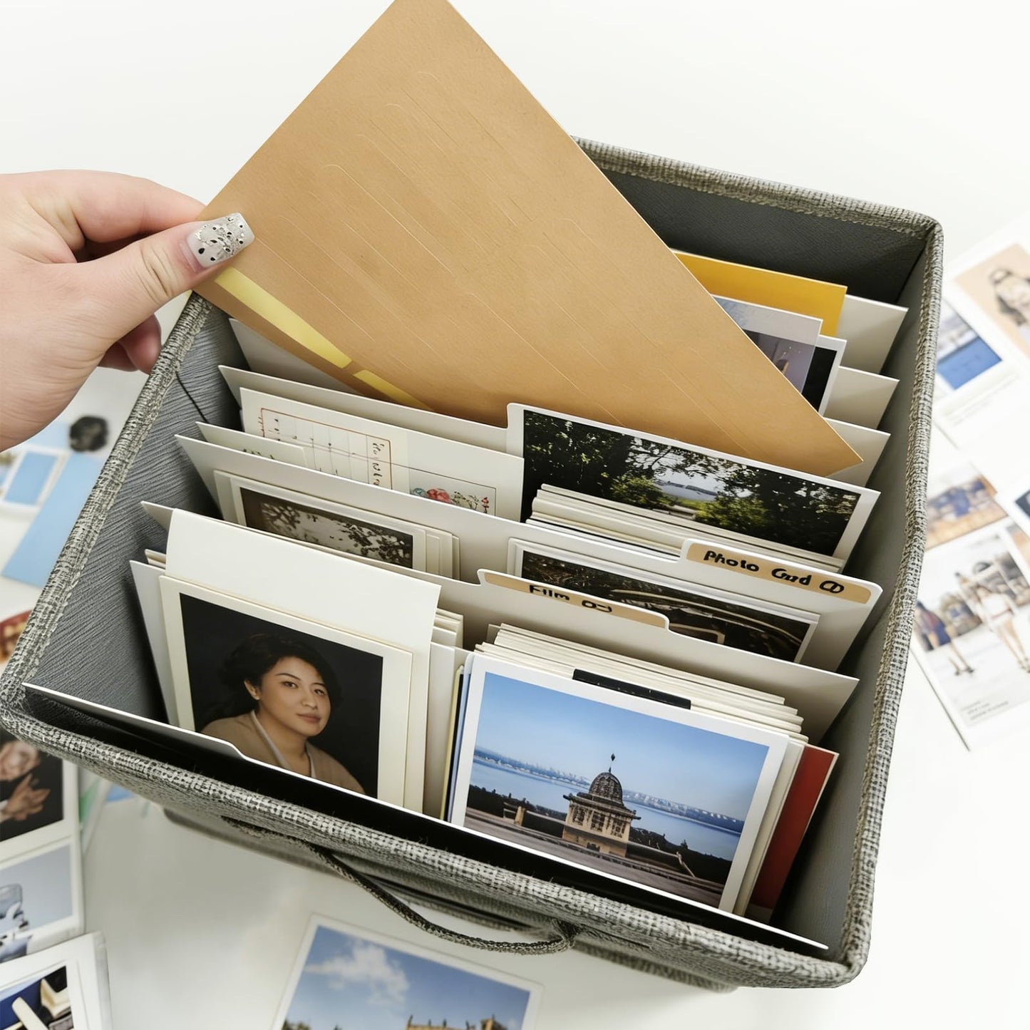 Craftask Gray Greeting Card Organizer Box with Dividers and Adhesive Labels, Greeting Card Storage Box for Photos, Envelopes and Postcards