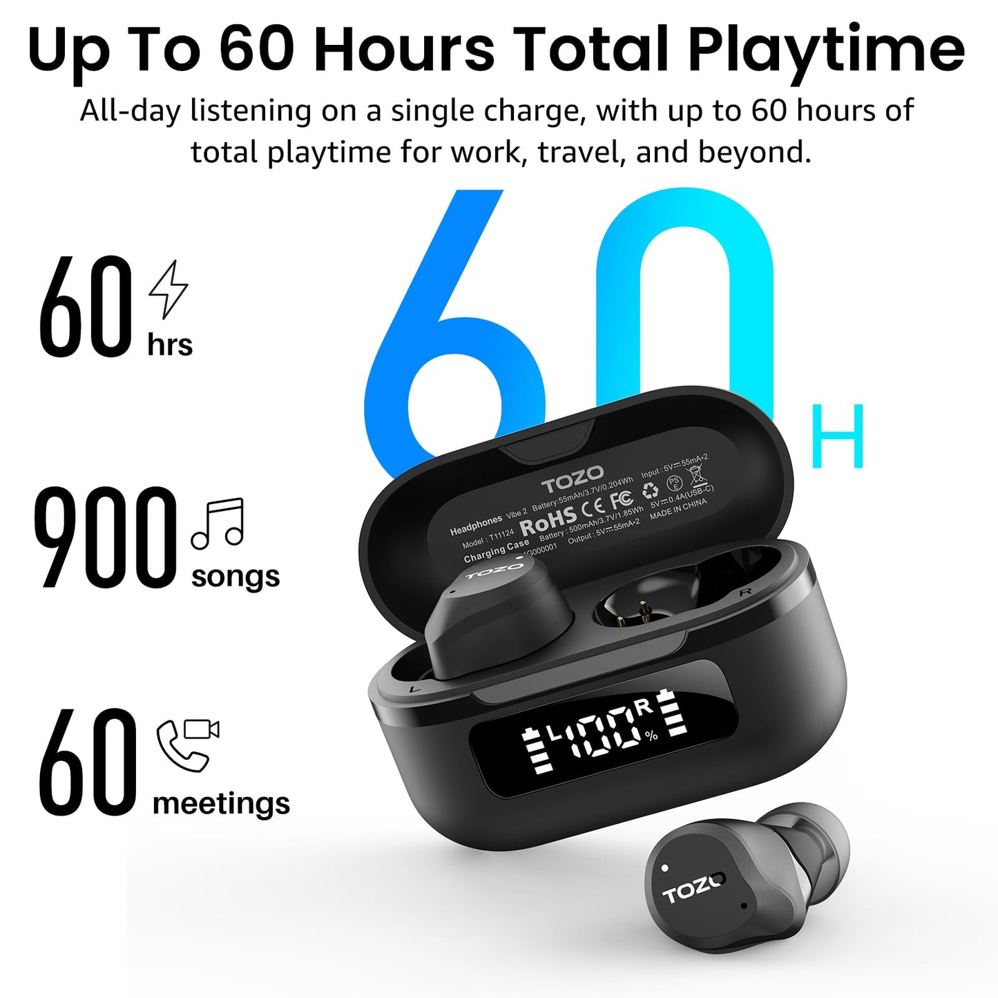 TOZO NC9 Hybrid Active Noise Cancelling Wireless Earbuds, 6 Mics ENC Clear Call, IPX8 Waterproof, in Ear Bluetooth 5.3 Headphones Stereo Bass Ear Buds 60H Playtime with LED Display 32 EQs via APP