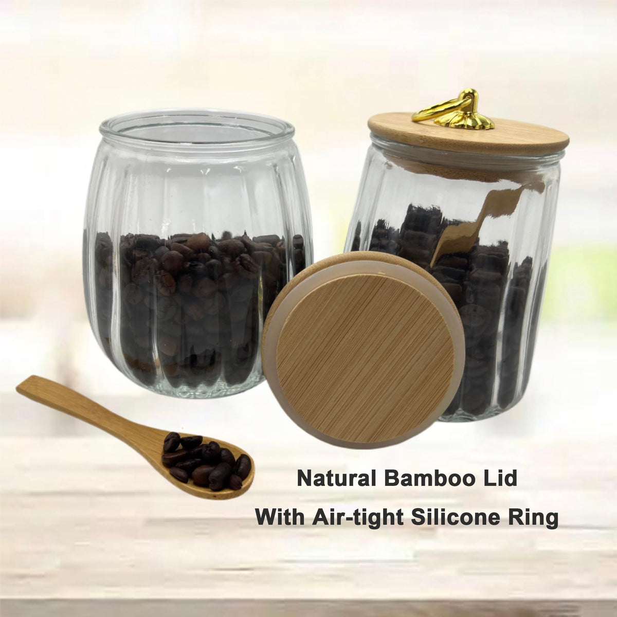 BEECO GIF2U Glass Airtight Storage Jars with Spoons,Bamboo Lid Canister for Foods,Decorative Container with Metal Handle Easy to Grasp 2Pack Oval