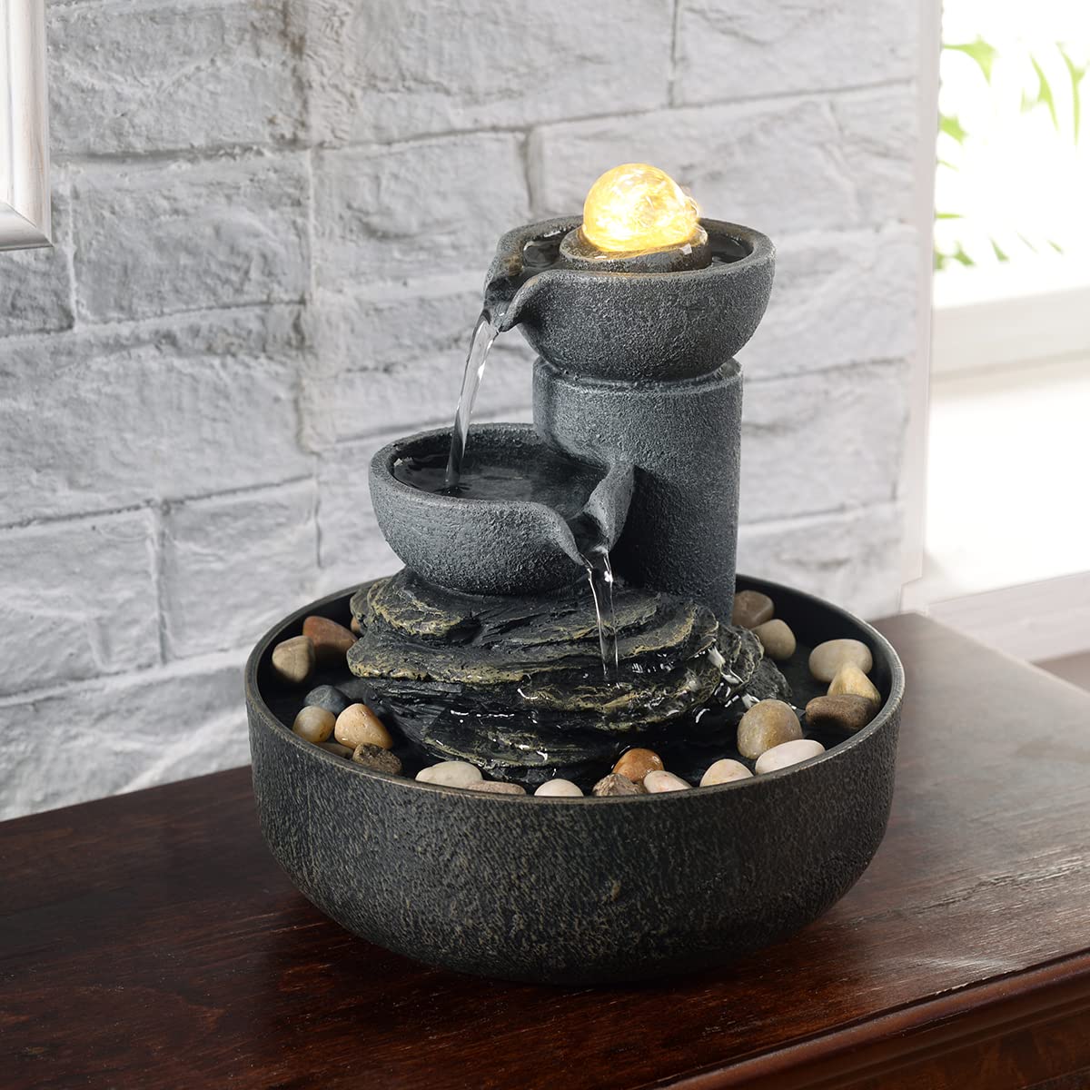GOSSI Tabletop Water Fountain 2-Tier Indoor Waterfall Fountain with LED Light, Cobblestone & Glass Rolling Ball, Soothing Meditation Sounds for Office & Home Decor
