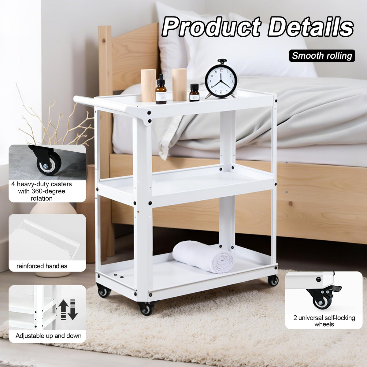 XCX 3 Tier Metal Utility Rolling Cart with Wheels, Heavy Duty Storage Organizer Trolley Cart for Kitchen, Bathroom, Office, Bedroom – Multi-Purpose 330Lbs Capacity Utility Cart on Wheels, White