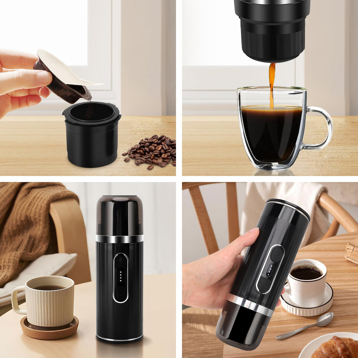 ZEMBSOYA Portable Espresso Machine, Travel Espresso Maker, Car Coffee Maker Self-Heating with USB-C, Compatible with Ground Coffee & Capsules (NS＆DG) for RV, Hiking, Camping, Office