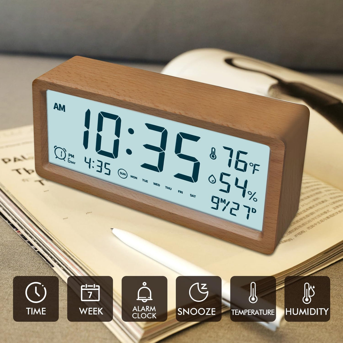 Smart Cute Digital Alarm Clock Snooze Wake Up Desk Clock Night Stand Clock Digital Bedside Tables Wood Alarm Clock for Heavy Sleepers Adults Large Display Alarm Clocks for Bedrooms Office Kids Toddler