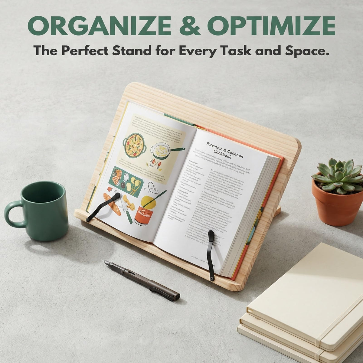 Reading Rack Wooden Bookshelf - Book Stand Foldable with 8 Adjustable Positions and Page Clips,Suitable for cookbooks、iPads、laptops、Sheet Music、and Reading Stands (15x11.4inch)