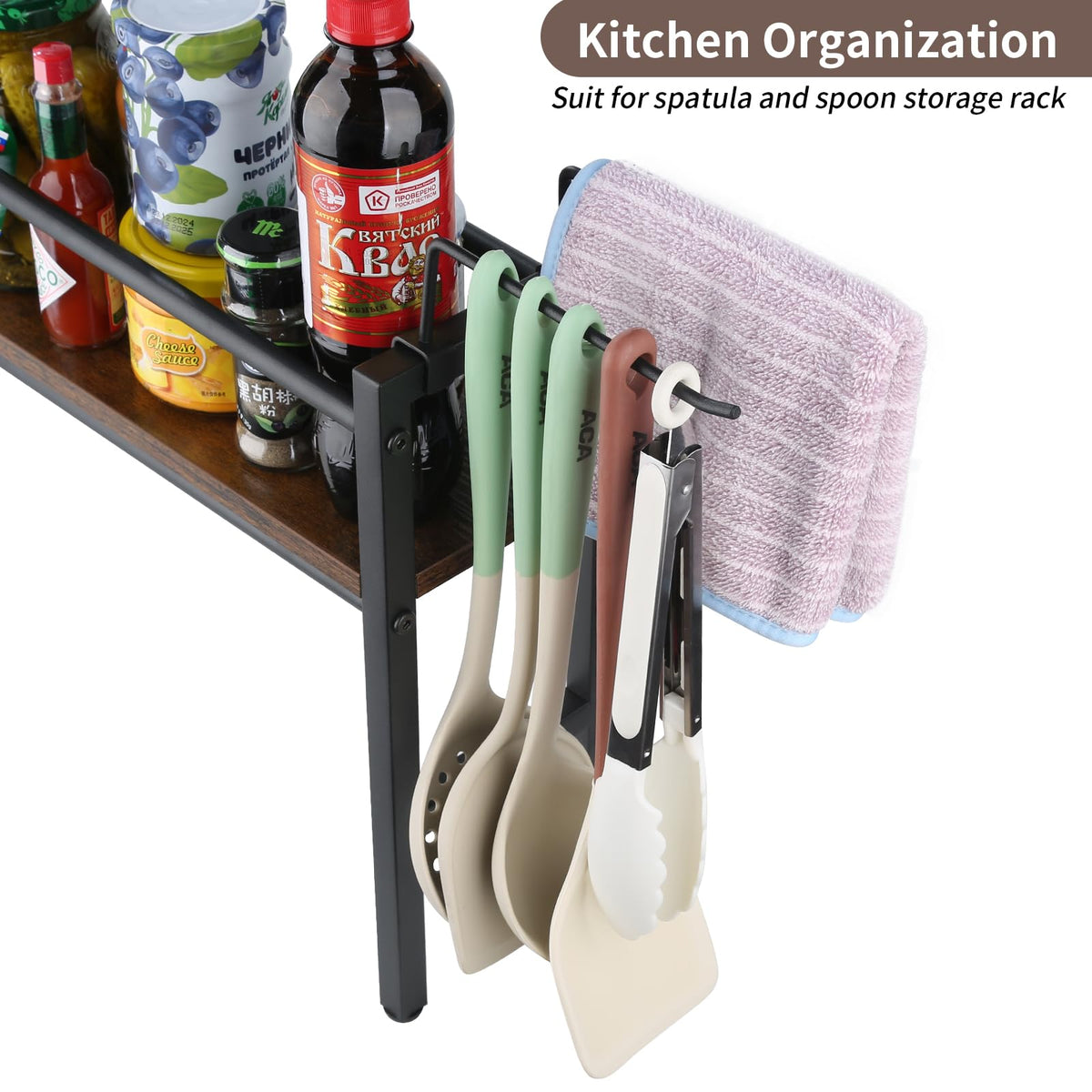 Meangood Spice Rack Shelf for Kitchen Stove, Over the Stove Shelf with 4 Hooks Extra Storage Countertop, Rustic Wood & Solid Metal Commbined Stove Shelf for Storage Seasoning, Easy to Assemble