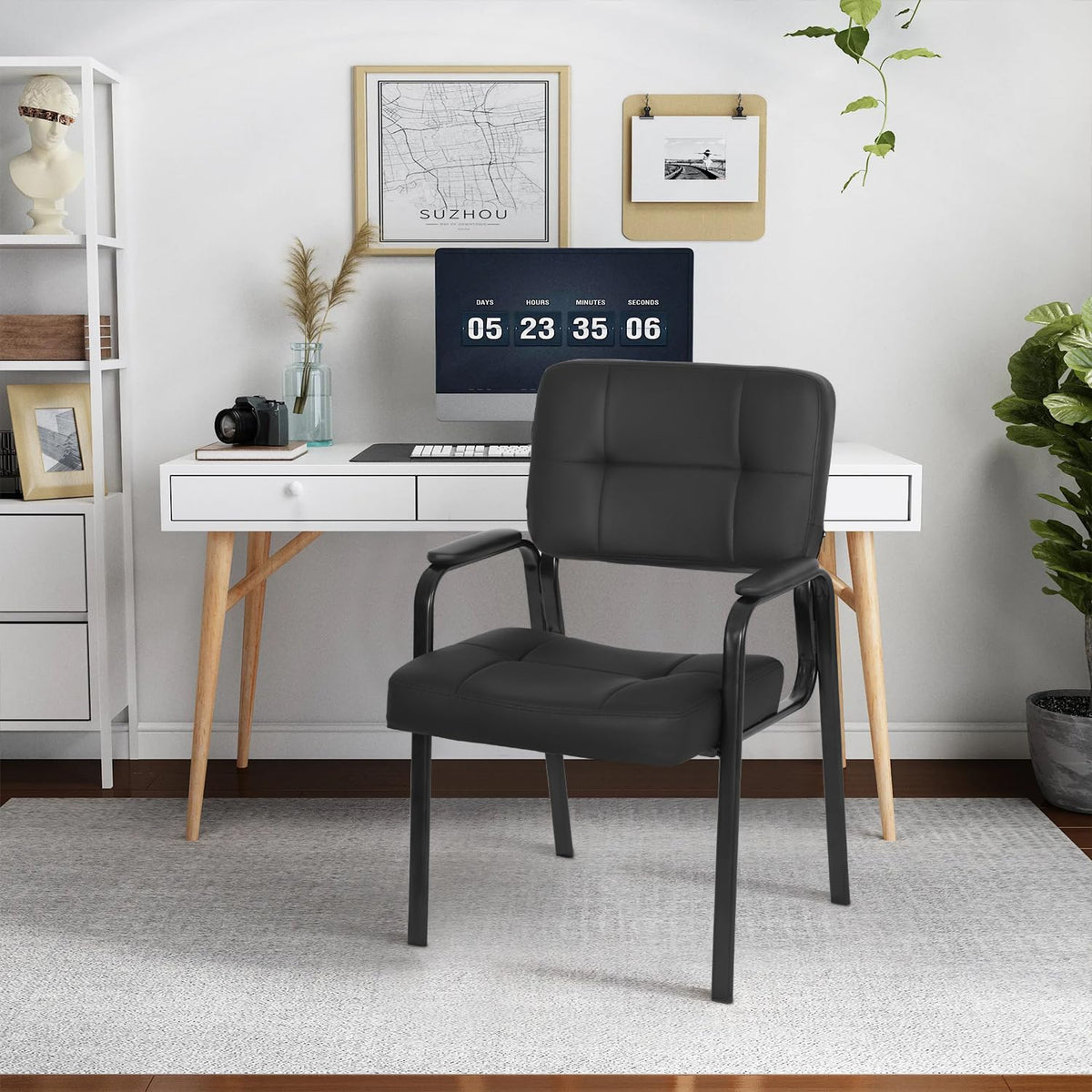 FDW Office Guest Chair Reception Chair Waiting Room Chairs with Padded Armrest PU Leather for Home Office Reception Meeting Room Chair Lobby No Wheels, Black