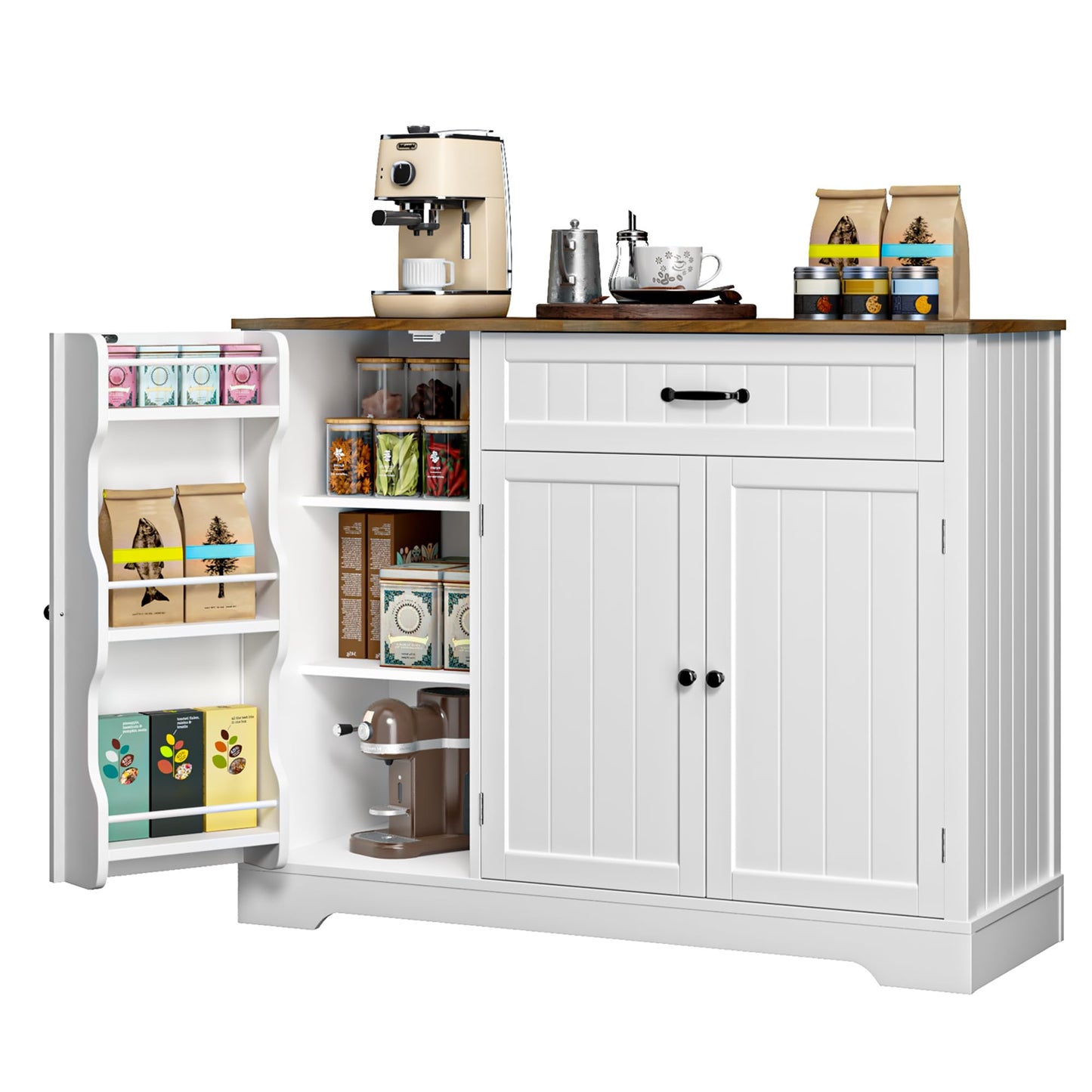 Gizoon Kitchen Coffee Bar Cabinet with Storage Kitchen Sideboard Buffet Cabinet with Drawers, Short Pantry with Door and Shelves for Bathroom and Living Room, White and Rustic