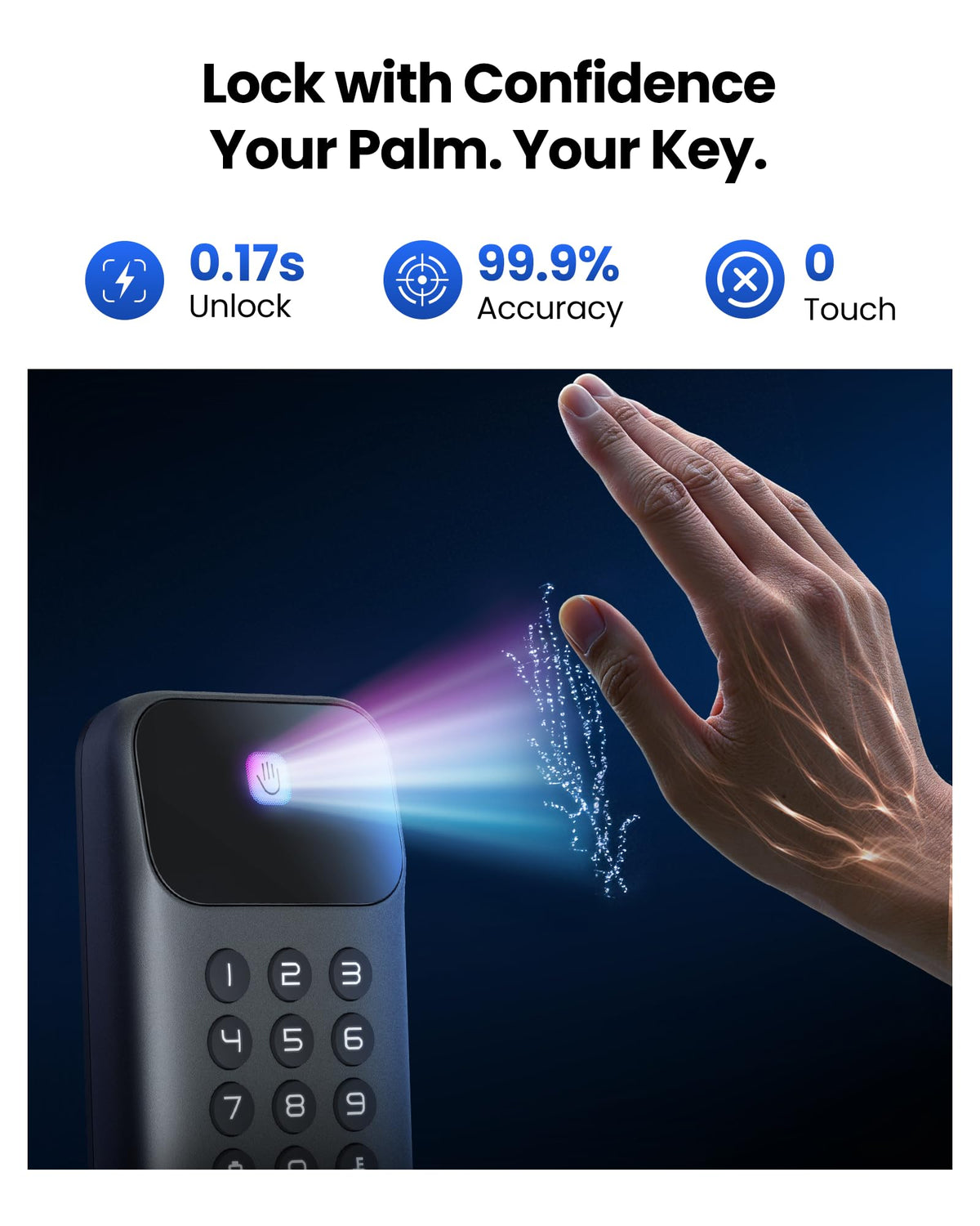 Lockin Veno Go Smart Deadbolt Lock with Dual Swappable Batteries for 14-Month Extended Power, Palm Vein Recognition, ANSI Grade 3, WiFi, Matter, 5 Unlock Methods, IP53 Waterproof