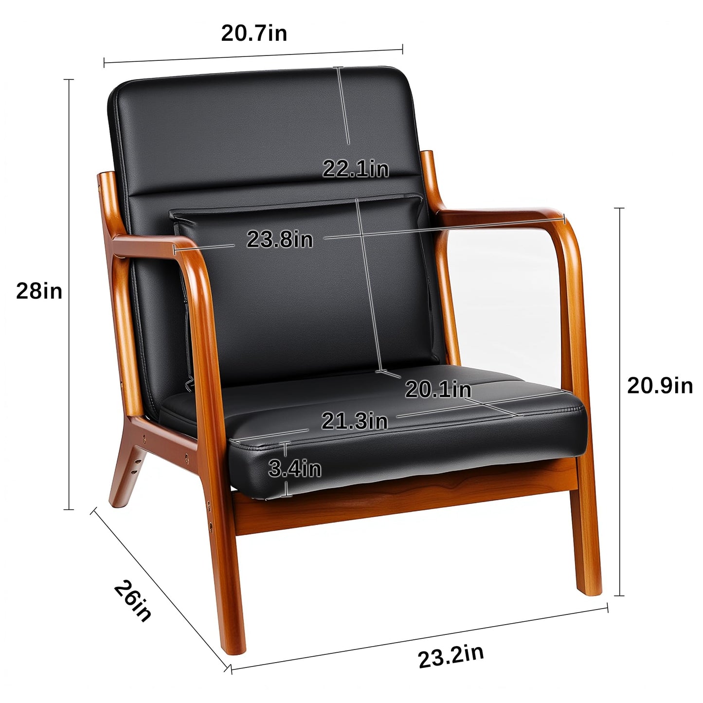 VECELO Mid-Century Modern Accent Chair with Faux Leather Cushion & Solid Wood Frame, Lounge Armchair for Living Room, Bedroom, Office, Black