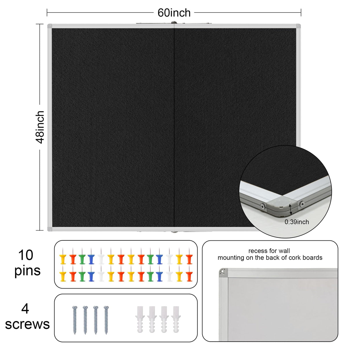 Large Cork Bulletin Board, 48 X 36 in Foldable Silver Aluminium Frame Noticeboard for Wall, 4'x 3' Large Wall Mounted Memo Notice Pin Board with 28 Push Pins for School, Home & Office (Black)