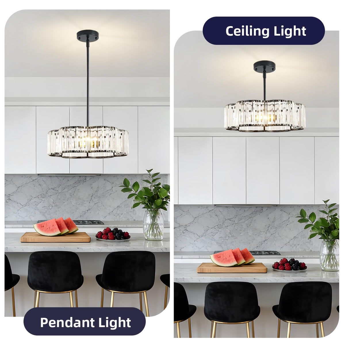 etiruety Modern Black Crystal Semi Flush Mount Ceiling Light Fixtures 16 in