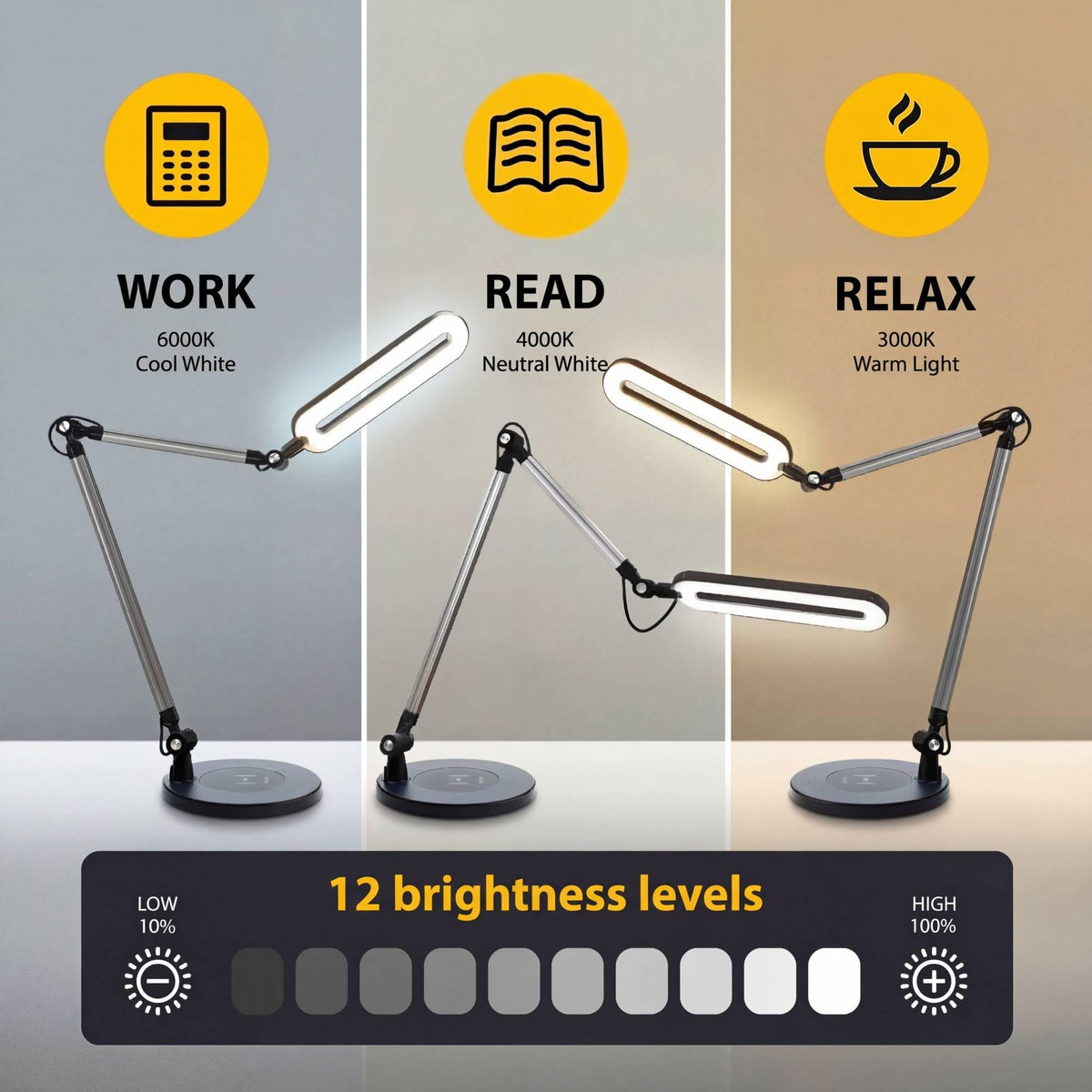 OTUS LED Architect Desk Lamp for Home Office with Wireless Charger, Adjustable Swing Arm, 32 in Tall, 11.8 in Panel, 3 Color Modes, 12 Dimmable Levels, Eye-Caring for Reading, Study, Video Calls