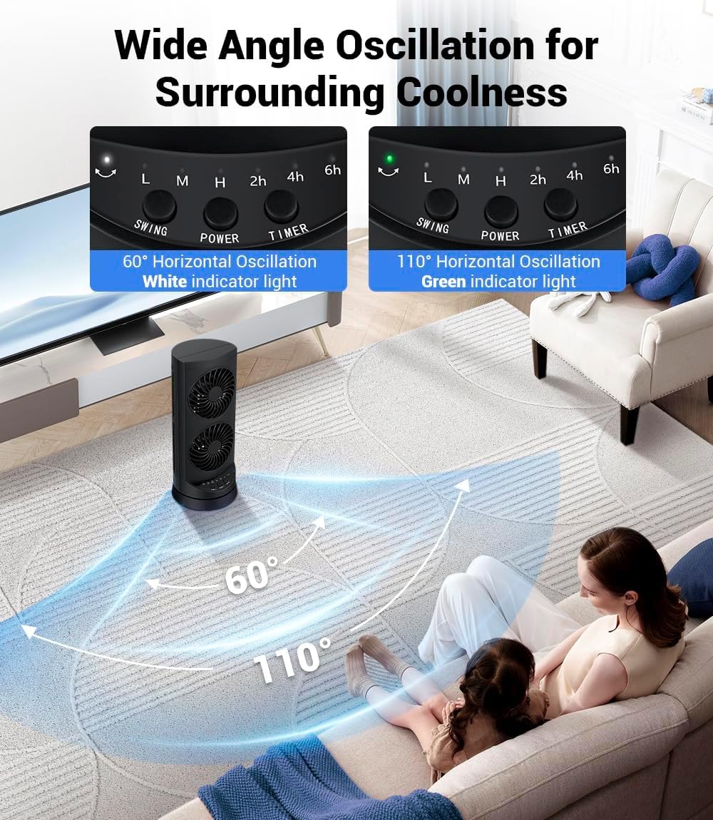 Personal Tower Cooling Fans that Blow Cold Air, Standing Small Desk Fan with 3 Speeds & Timer, 60° & 110° Oscillating Table Fan, Quiet and Safe Electric Floor Fan for Bedroom, Bedside, Home, Office