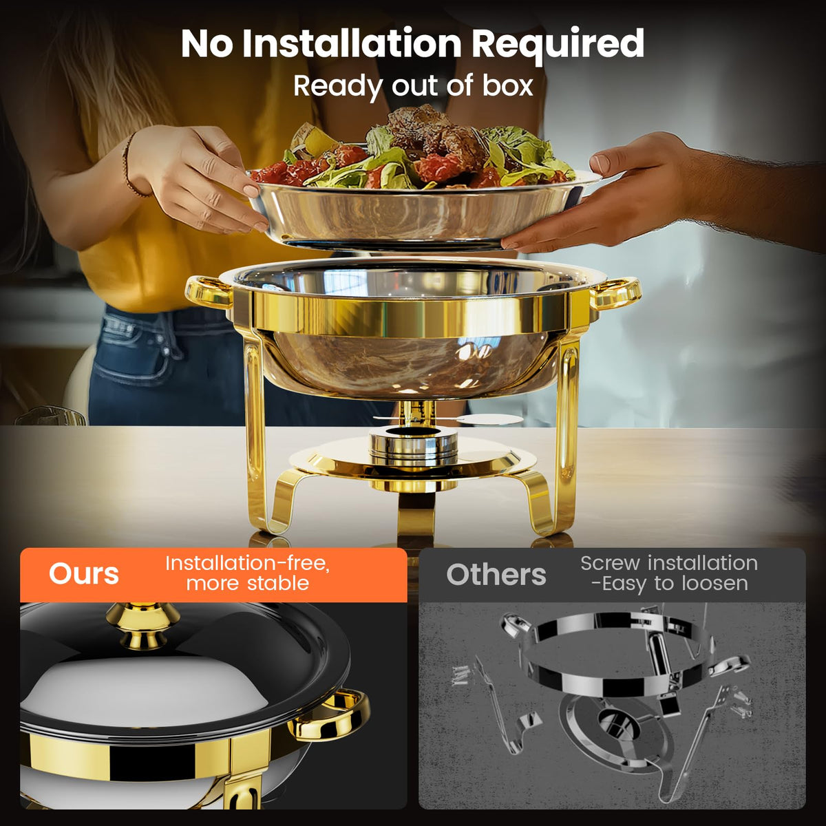 Round Chafing Dishes for Buffet 4 Pack, 6QT Chafers and Buffet Warmers Sets with 2 Heat-Proof Gloves, 4 Spoons, 4 Slotted Spoons & 4 Tongs, Gold Chafing Dishes for Buffet Parties Gatherings