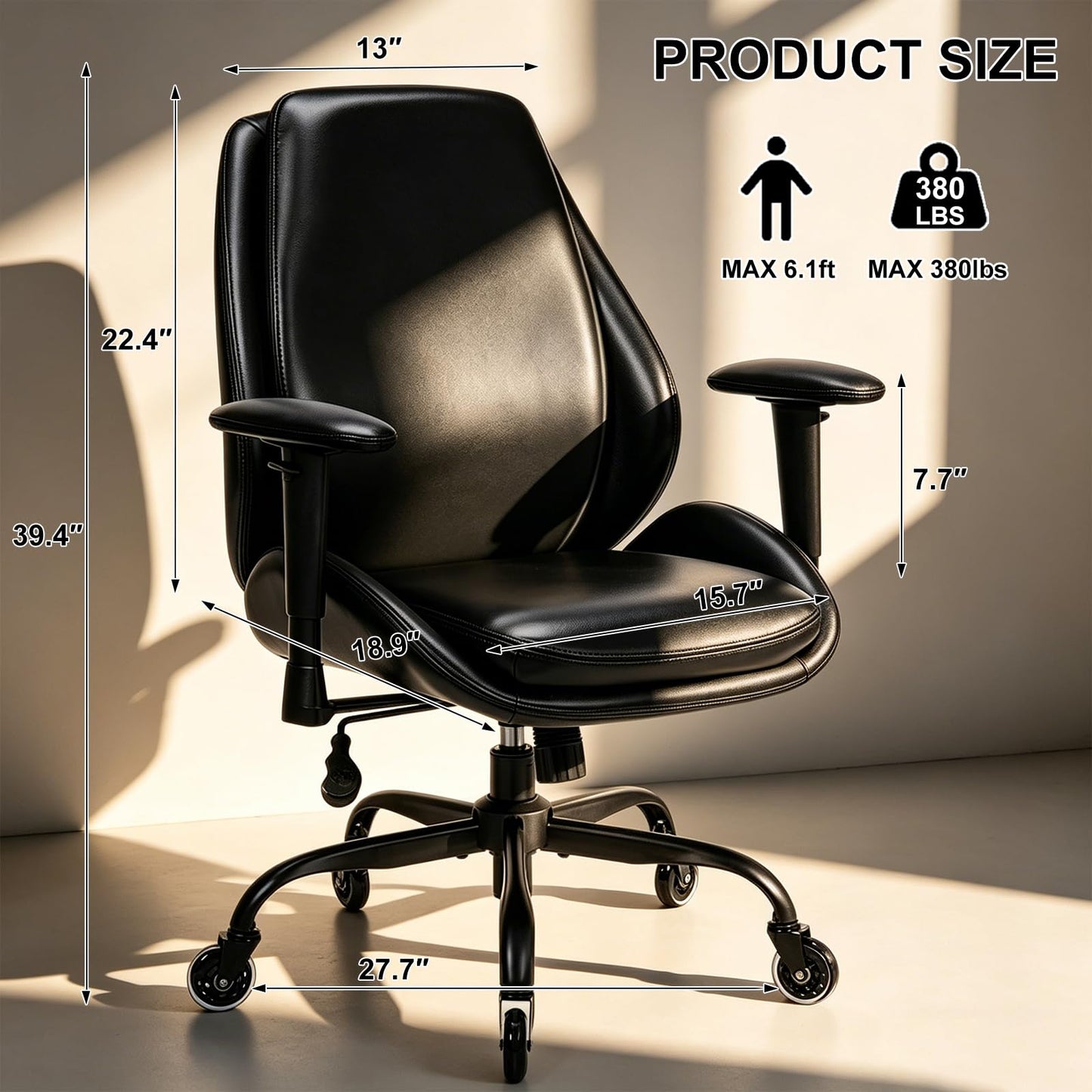 BEWISHOME Office Chair with Rubber Wheels, Big and Tall Office Chair, Ergonomic Office Chairs, Executive Desk Chair, Black PU Leather Computer Comfy Chairs with Lumbar Support, Adjustable Armrests