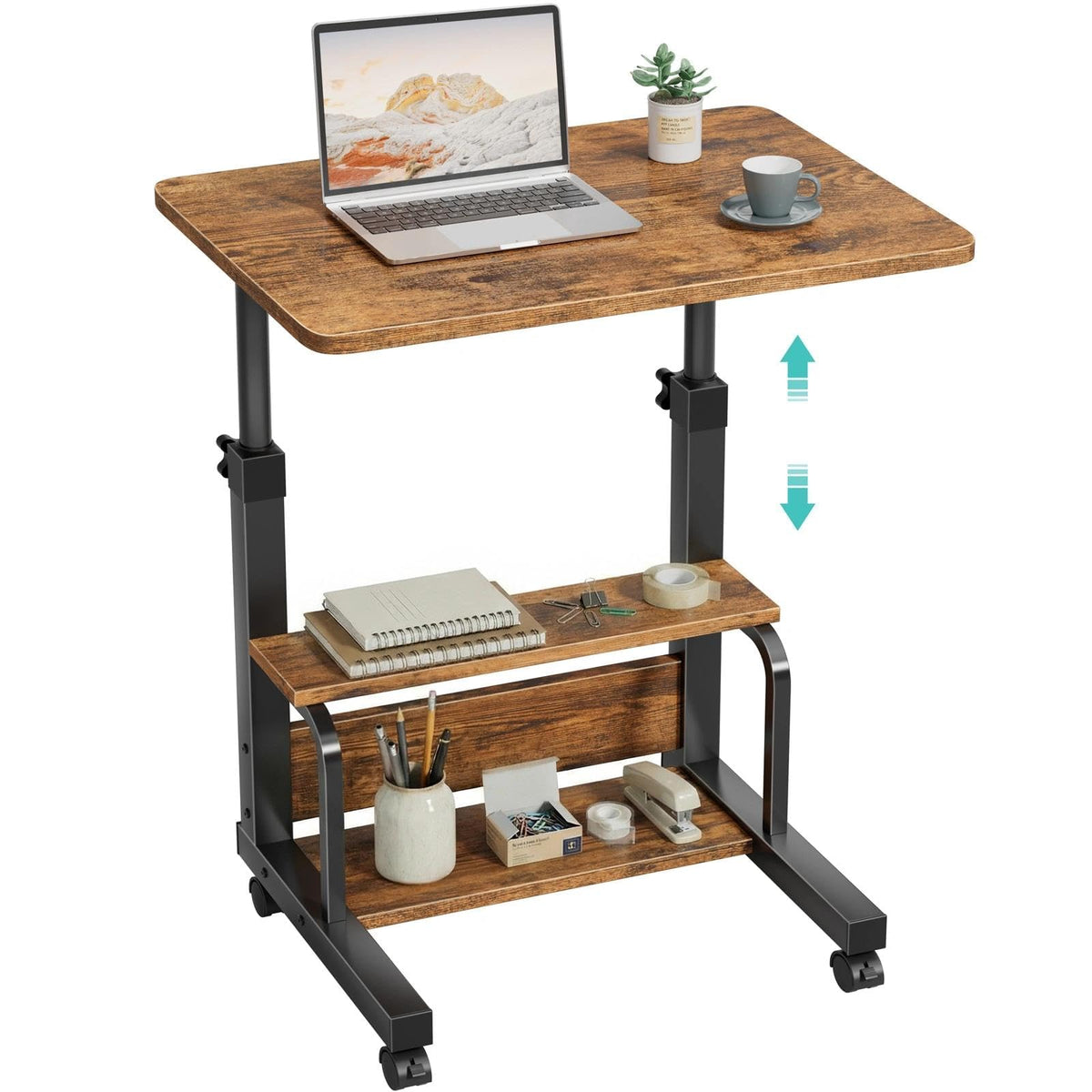 WINAZ C Shaped Rolling Laptop Desk - 24" Rustic Brown Mobile Kids Desk with Wheels for Small Spaces, Height Adjustable Overbed Table with 2-Tier Storage Shelves