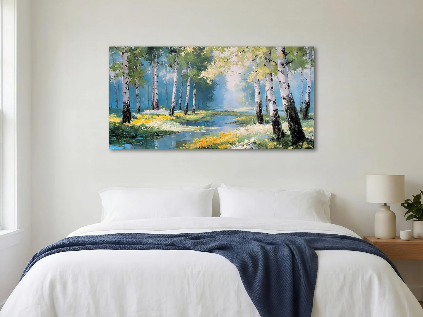 Ardemy Birch Forest Stream Canvas Wall Art, 40"x20" Hand-Painted Texture Landscape Painting with Wildflowers, Calming Nature Scenery for Living Room Bedroom Bathroom Home Office Decor