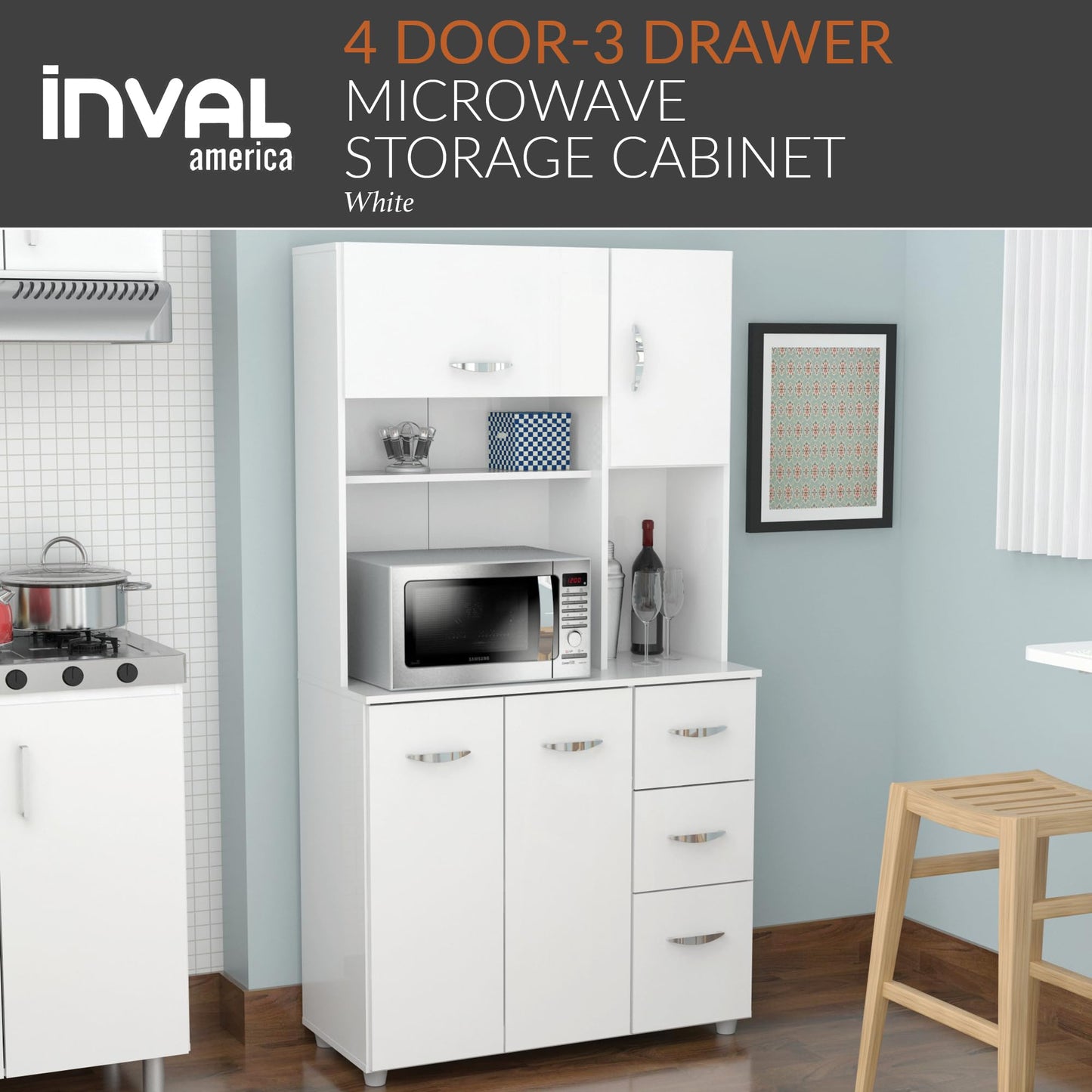 Inval America 4-Door Kitchen Microwave Storage Cabinet with 3 Drawers, Kitchenette Standing Pantry, 71"H x 23.6"W x 17.1"D, White