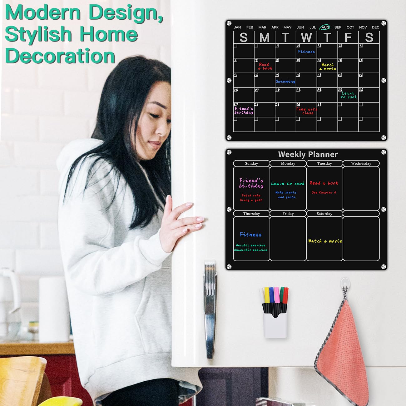 Magnetic Monthly & Weekly Fridge Calendar - Black Dry Erase Acrylic Refrigerator Planning Board Includes 6 Colorful Markers, Pen Holder, Towel, Hook