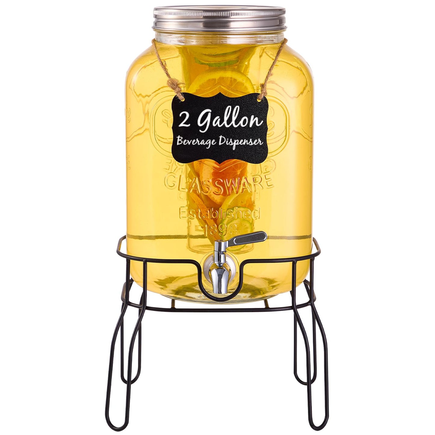 2 Gallon Glass Drink Dispensers for Parties, Beverage Dispenser with Stand, Fruit Infuser and Stainless Steel Spigot 100% Leakproof, Beverage Dispenser for Lemonade Sun Tea