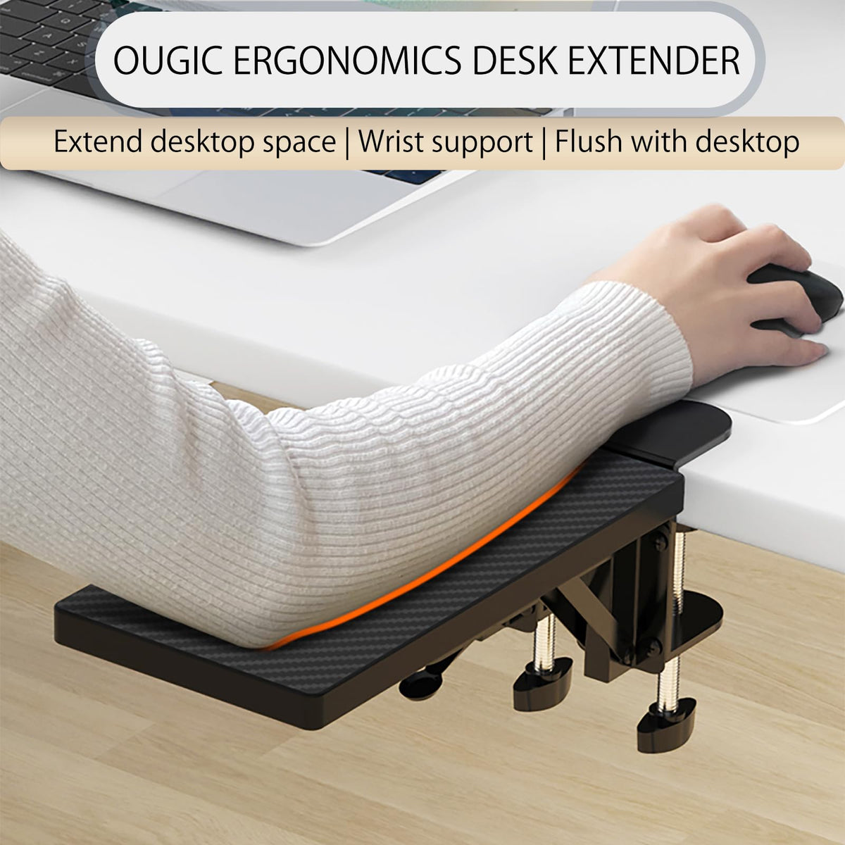 Sisyphy Ergonomics Desk Extender Tray, 11.8x5.9" Punch-Free Clamp on, Foldable Keyboard Drawer Tray, Table Mount Arm Wrist Rest Shelf, Computer Elbow Arm Support