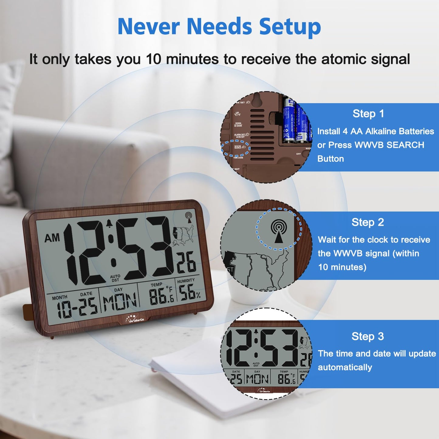 WallarGe Atomic Wall Clock with Backlight, Digital Wall Clock Battery Operated for Classroom, Bedroom, Office, Large Display with Indoor Temperature, Humidity, Date, AUTO DST, 6 Time Zones