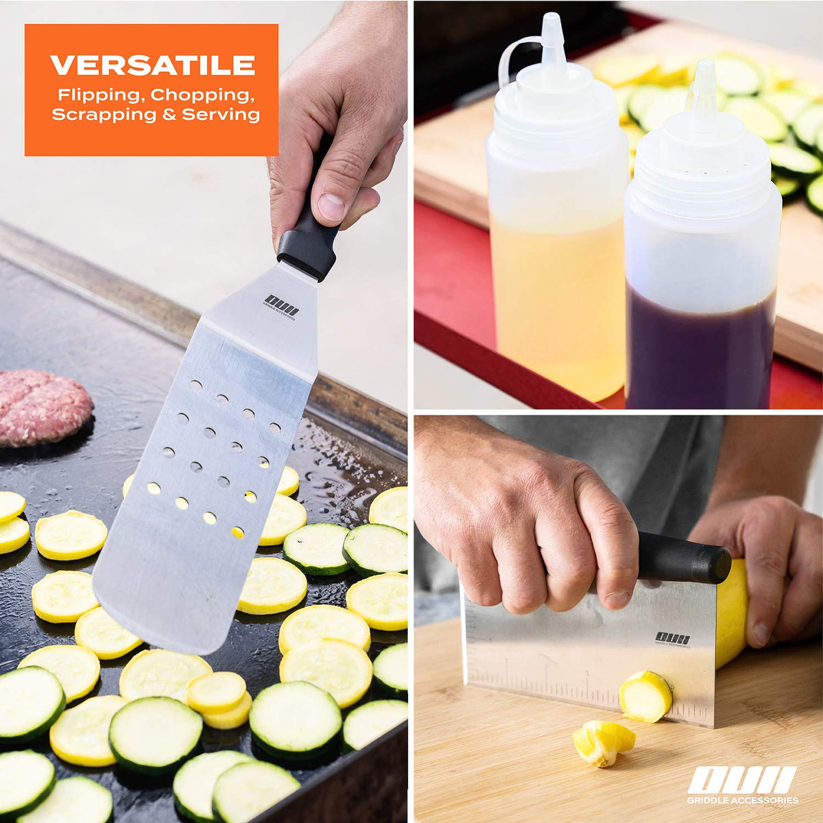 OUII Flat Top Griddle Accessories for Blackstone and Camp Chef Griddle - 9 Pieces Set with Griddle Cleaning Kit and Carry Bag! Metal Spatula, Scraper for Hibachi and Teppanyaki Grill