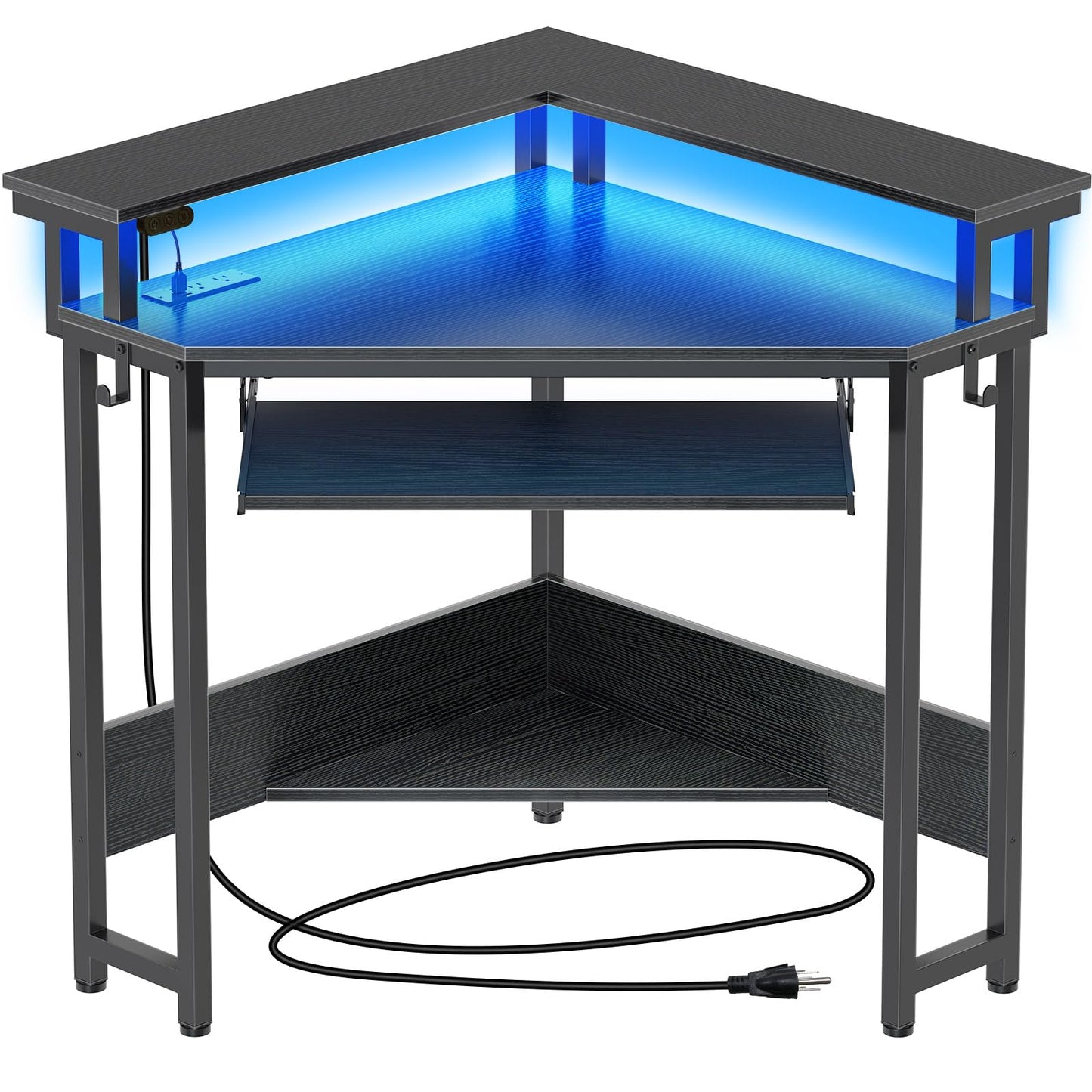 Rolanstar Corner Desk,44" W x 34" H Small Computer Desk with Power Outlets, Gaming Desk with LED Lights, Triangle Corner Table with Keyboard Tray & Monitor Stand for Small Space, Black