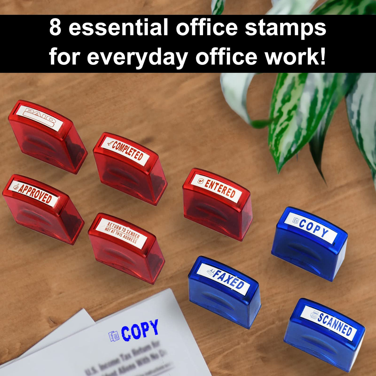 Bertiveny 8 PCS Self-Inking Rubber Stamp Set for Office Stamps Business Stamp Message Account Stamp Paper Work Text Ink Stampers Approved Paid Completed Copy Faxed Scanned Stamps with Plastic Tray