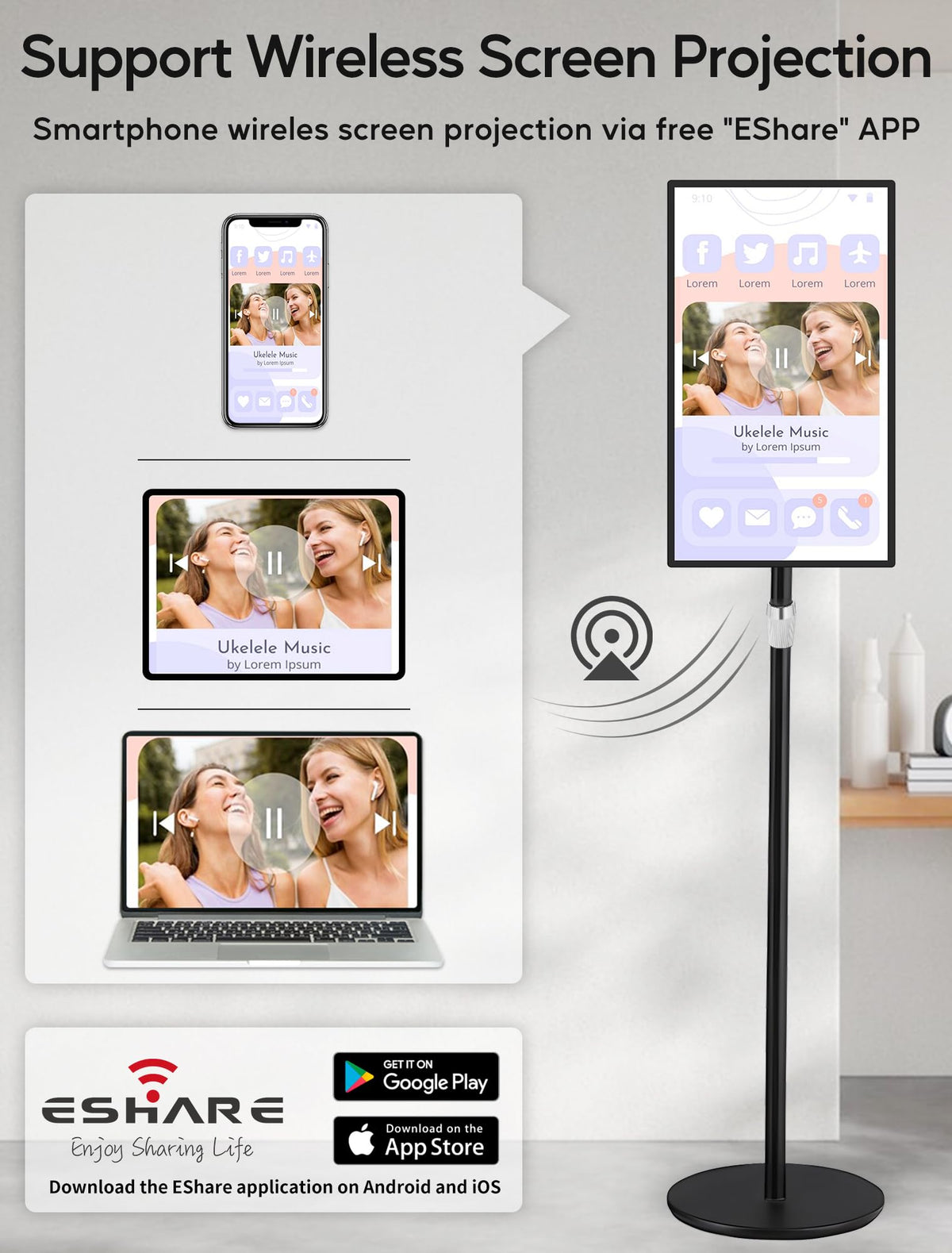 PWR4GTR 15.6" Digital Signage Capacitive Touchscreen Advertising Display with Adjustable Stand, 10000mAh Battery, Android 13 Commercial LCD Monitor with Auto Play, Wireless Screen Mirroring, 4+64GB