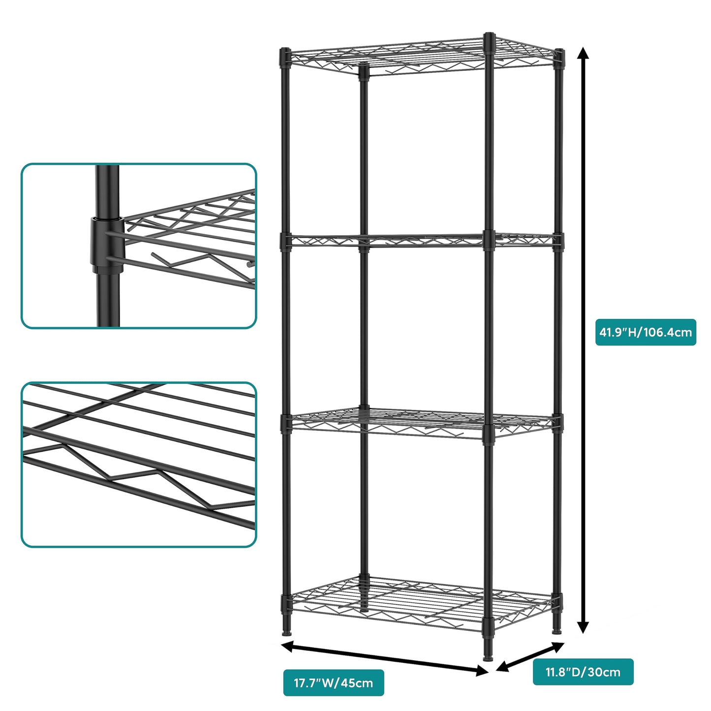 IZEUK 4 Tier Metal Wire Shelf Unit, Black Storage Rack Organizer for Kitchen, Bedroom, Living Room or Laundry Room, 17.7" W x 11.8" D x 41.9" H