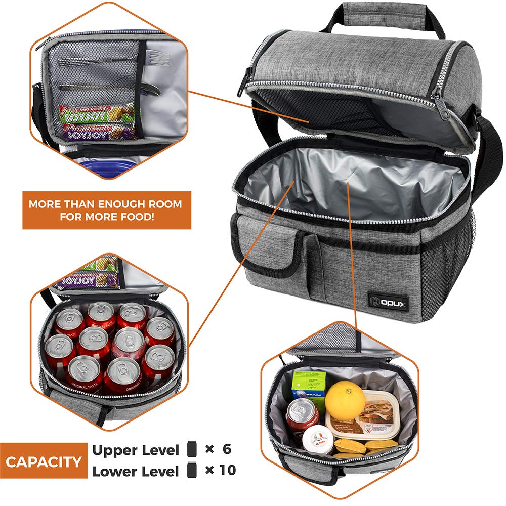 opux Insulated Lunch Bag Women Men, Dual Compartment Leakproof Lunch Box Adults Kids, Double Decker Meal Prep Bento Lunch Cooler Tote with Shoulder Strap for Work Office School Travel, Gray