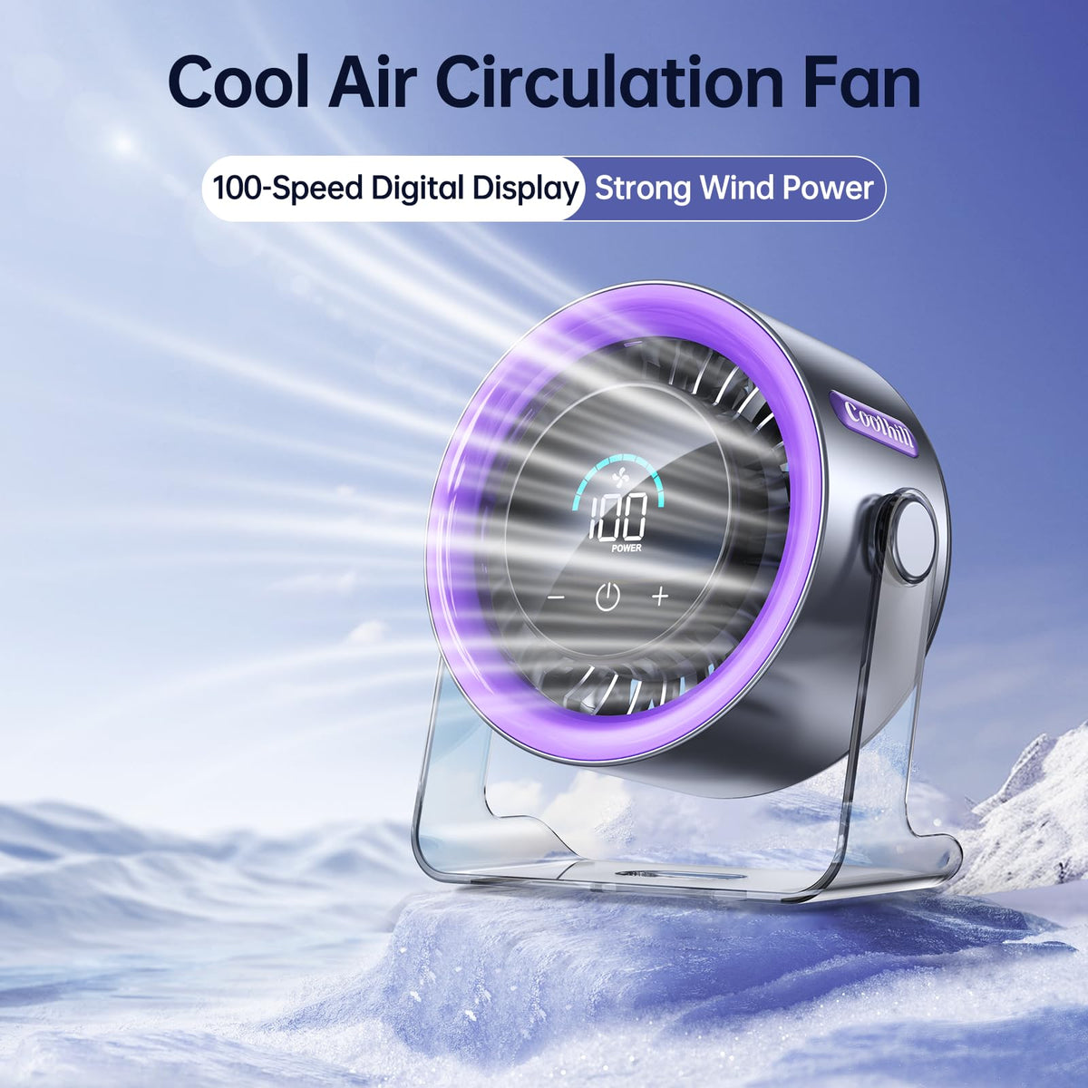 Coolhill USB Desk Fan for Bedroom: 100 Speeds Digital Display Quiet Table Fan with Turbo Airflow, 120° Rotating Small Rechargeable Battery Desktop Fans for Bedroom Home Office (Purple)