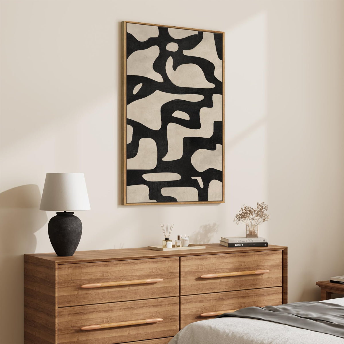 Framed Neutral Abstract Wall Art, Large Modern Canvas Prints Paintings Artwork for Walls, Minimalist Black and Beige Pictures for Living Room, Bedroom, Hallway, Home Office Wall Decor 24x36 In