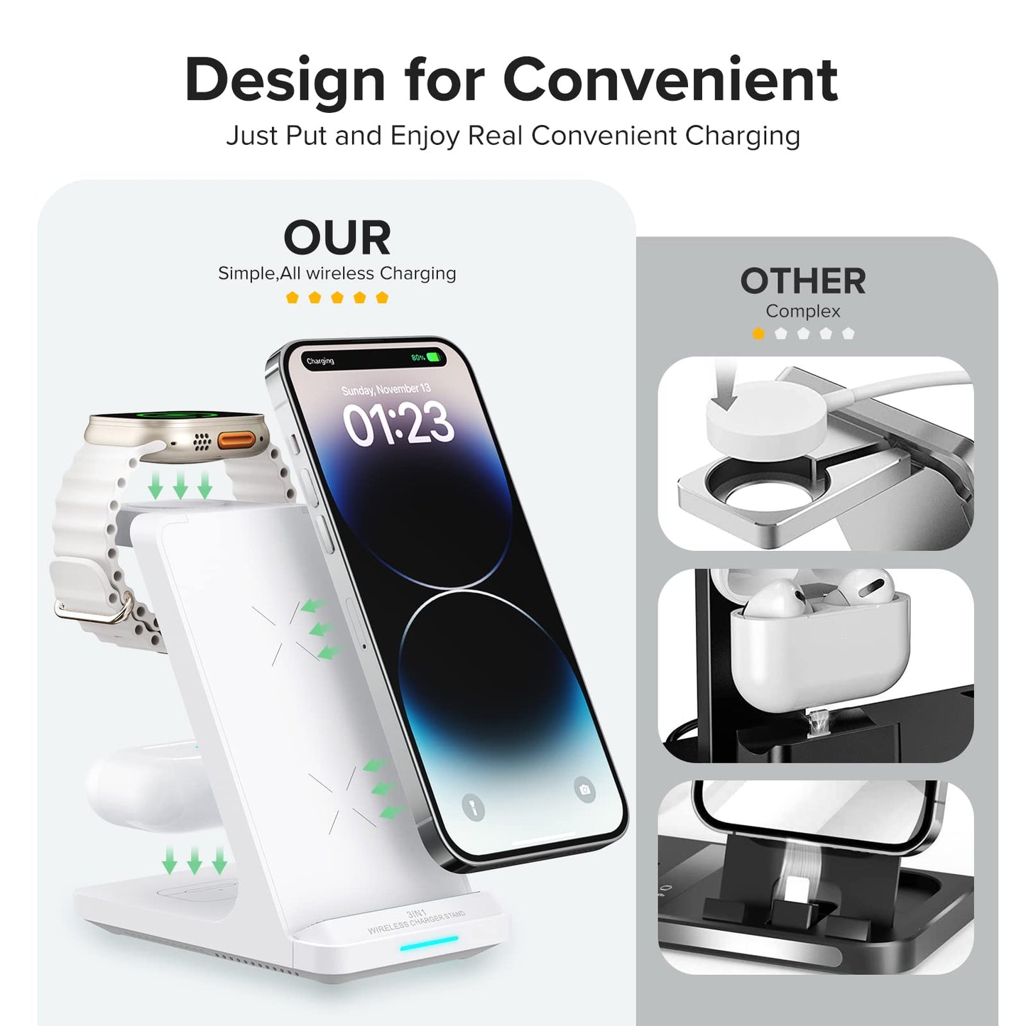 Wireless Charging Station, 3 in 1 Fast Wireless Charger Stand for Multiple Devices Apple Watch Ultra Series 11 10 9 8 7 6 SE 5 4 3 2, iPhone 17 16 15 14 13 12 11 Pro Max/Plus/Air/X/XS/XR/SE, Airpods