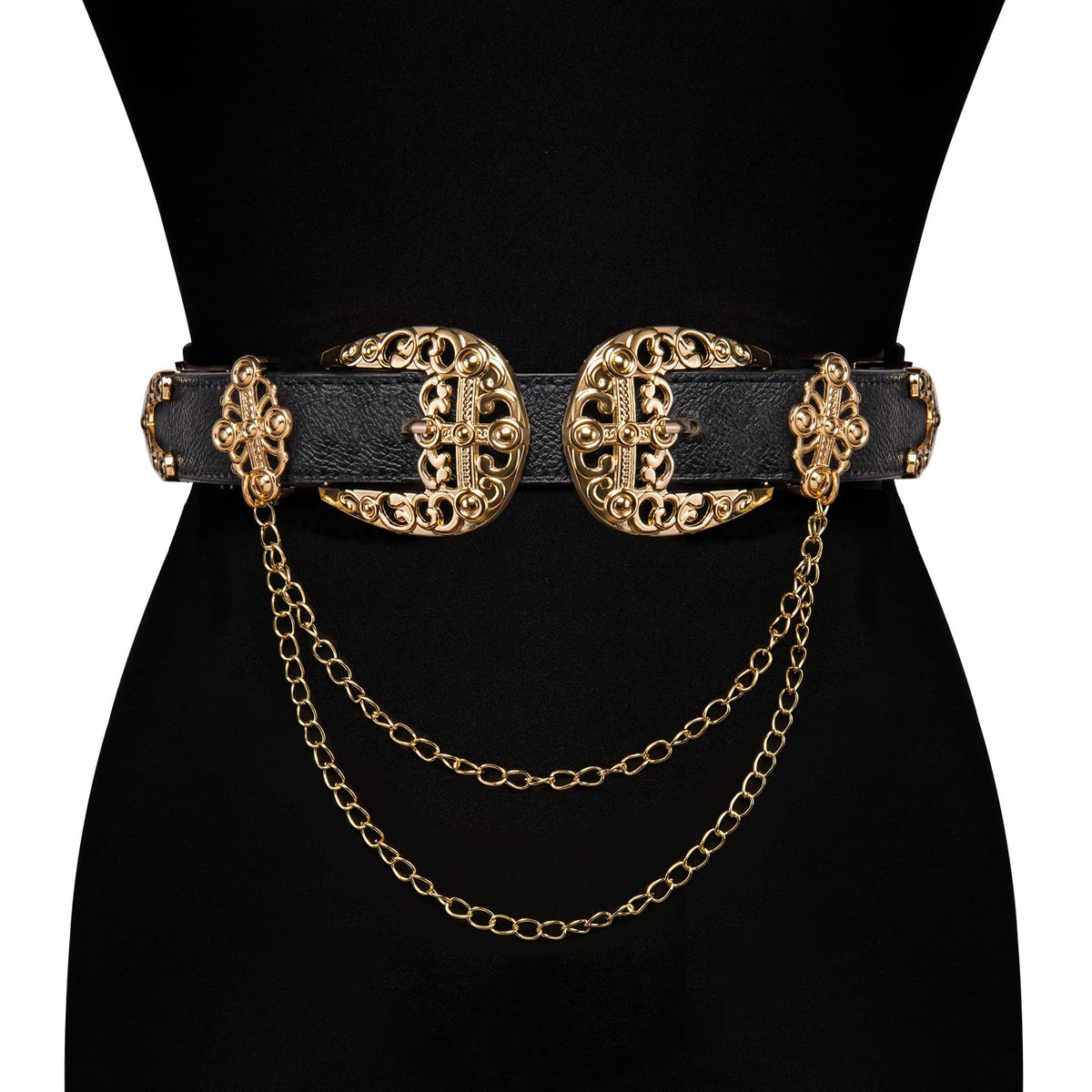 Barry.Wang Women Double Western Belt Vintage Leather Black Belt Gold Buckle Design Elastic Waist Chain Jeans Dresses Cowgirl