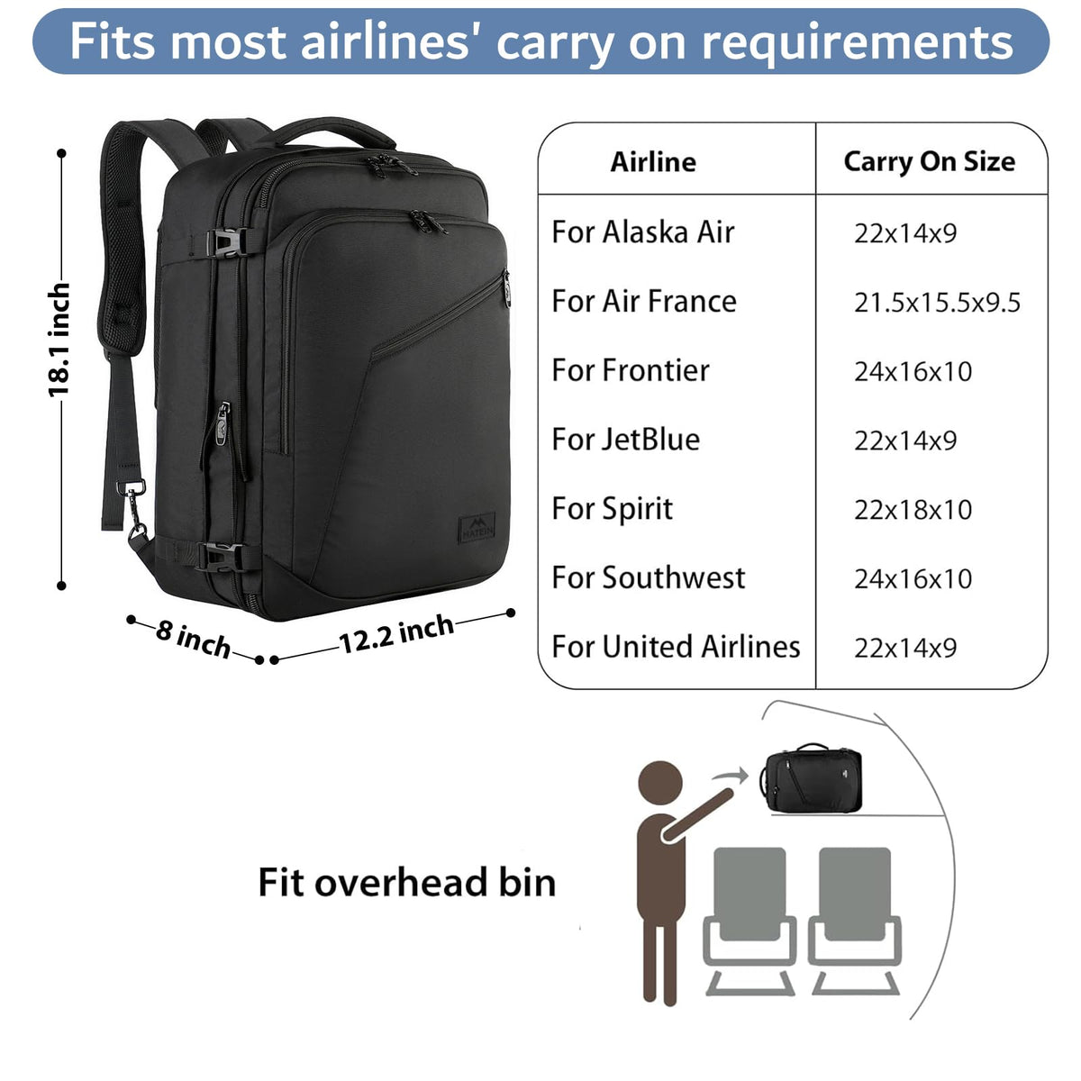 MATEIN Mens Travel Backpack, 27L Lightweight Carry on Backpack for Women, Expandable Business Backpacks, Waterproof Hiking Daypack for Outdoor Sports Rucksack Casual Daypack, Travel Essential, Black