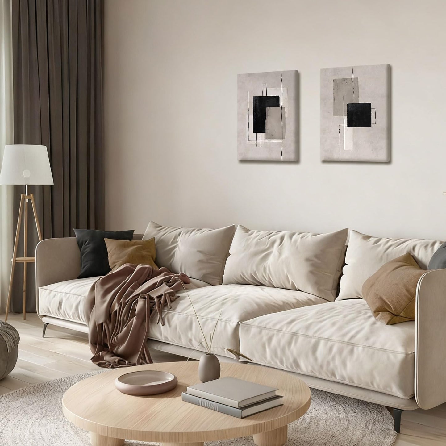 Kdyudo 2 Pcs Large Minimalist Block Line Canvas Framed Wall Art Neutral Abstract Print Poster Wall Decor Black Beige And Brown Geometric Square Line Painting Pictures Living Room Bedroom 12x16 Inch