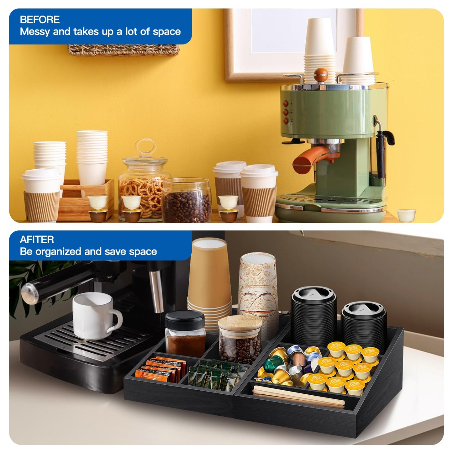 MINCORD Coffee Station Organizer Coffee Condiment Service Tray with 9 Compartment for Counter, Wood Coffee Bar Supplies Organizer for Home Office Breakroom Two-in-One Black