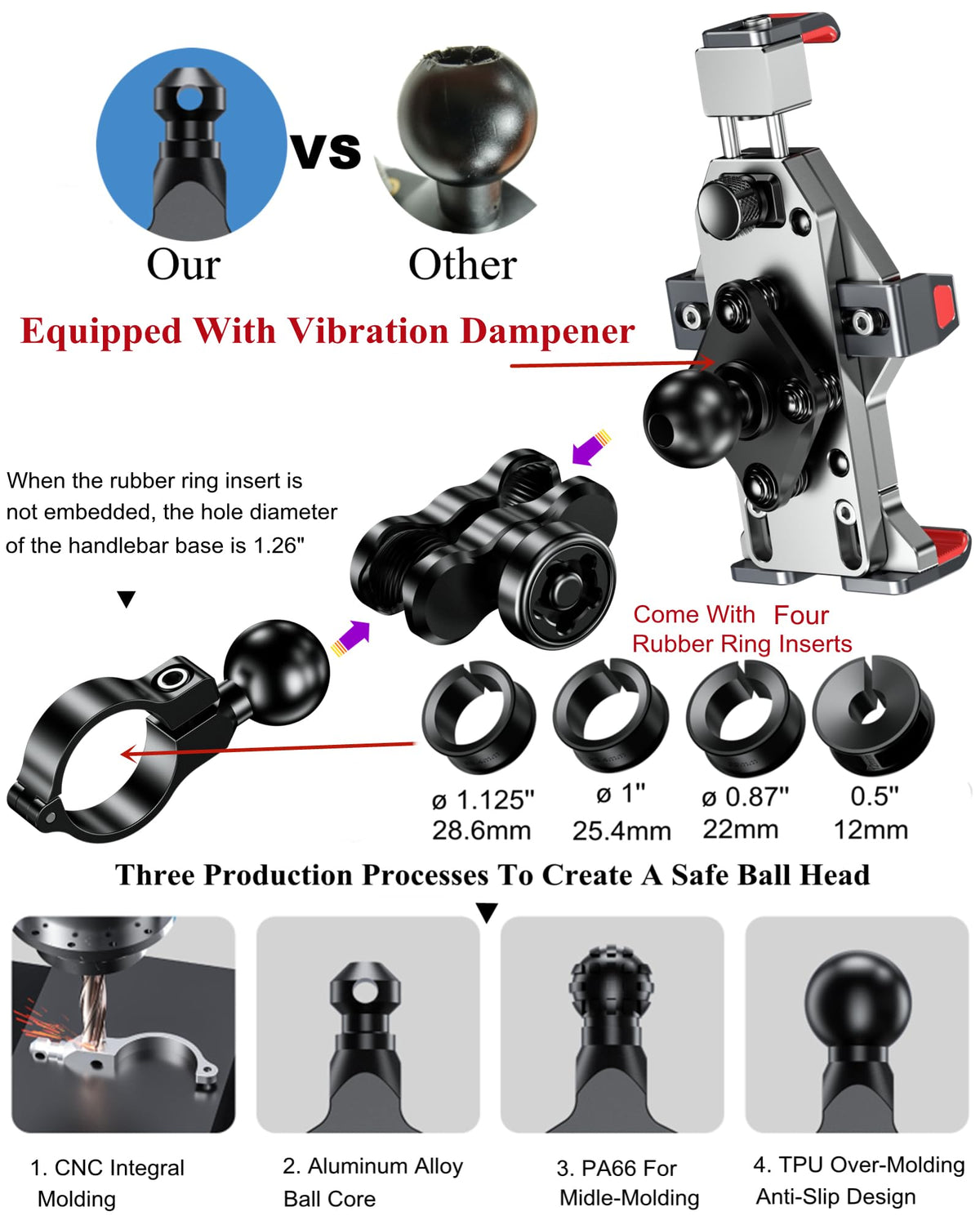 BRCOVAN Anti-Theft Aluminum Alloy Motorcycle Phone Mount with Vibration Dampener & Secure Lock, Adjustable Motorcycle Handlebar Cellphone Holder for Bike Bicycle Scooter ATV, Fit 4.7-7.2'' Smartphone
