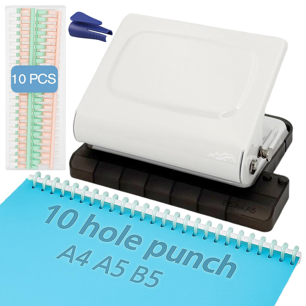10 Hole Punch Binding Machine Kit for Planner (White) with 10 Multi-Color Spiral Coils, Adjustable A4 A5 B5 Paper Puncher, DIY Notebook Scrapbook Maker for Home Office School Organization