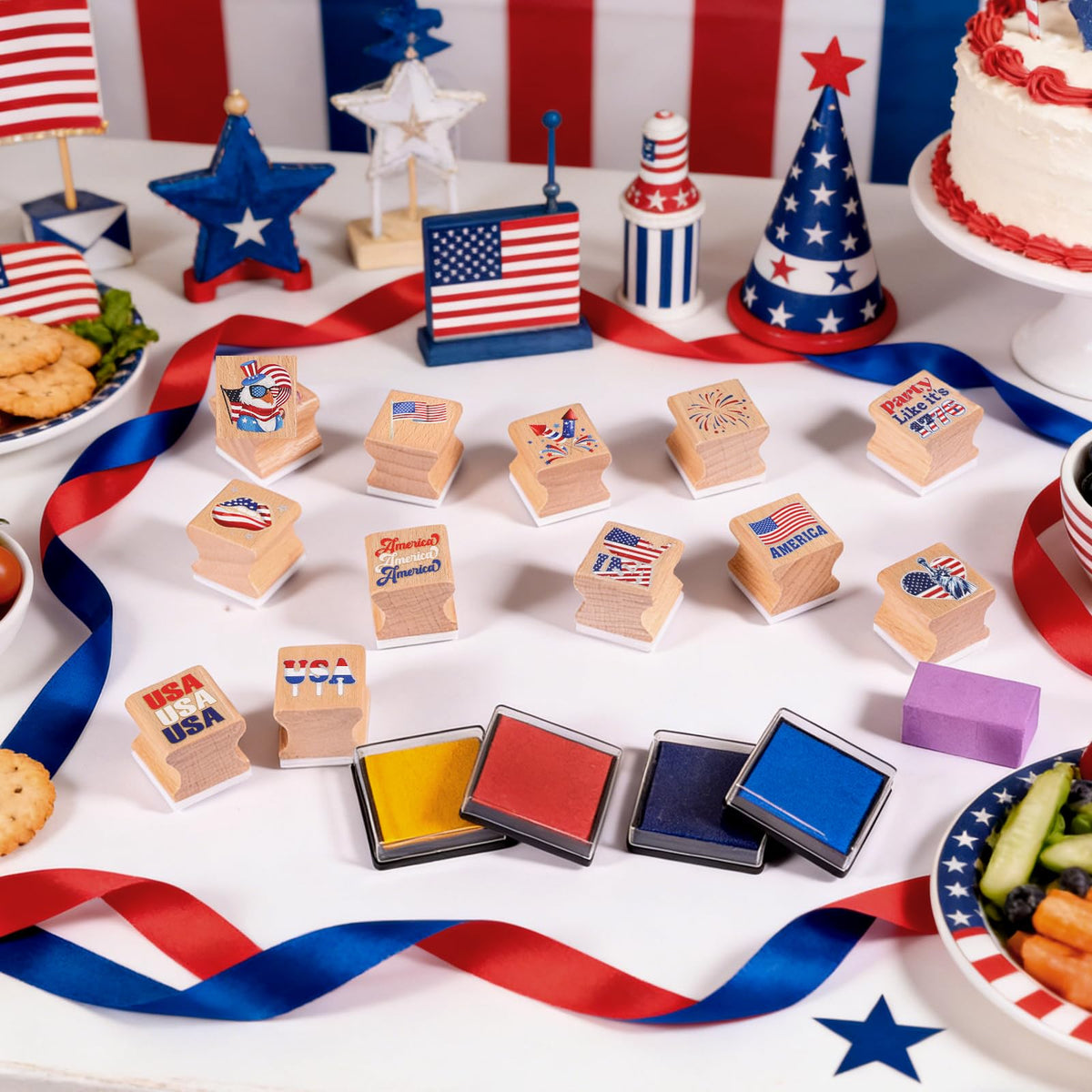 HOWAF USA Patriotic Wooden Rubber Stamps Set, 12pcs 4th of July Stamps Ink Pads for Independence Day DIY Crafts, 250 Years of Freedom Party Favors American Flag Inking Stamp Rubber Stamp