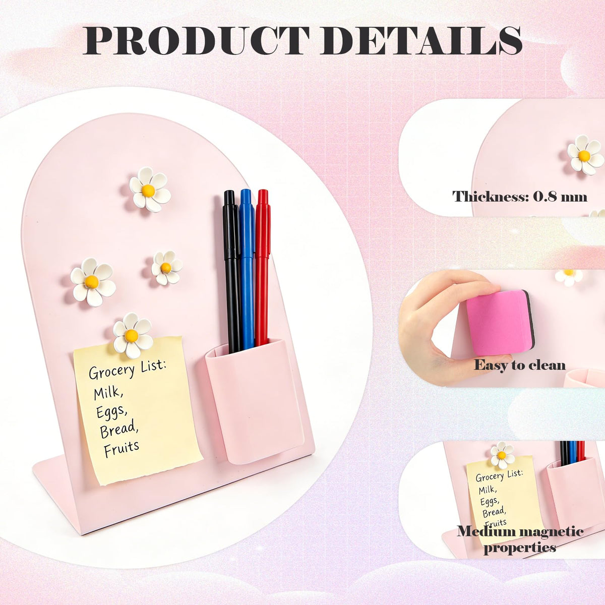 2 Pcs Magnetic Bulletin Board for Tabletops with 4 Flower Magnets, Magnetic Pen Holder, 10x7 Inch Memo Display Easel Stand Photo Display Board, Home School Office Kitchen Table Supplies